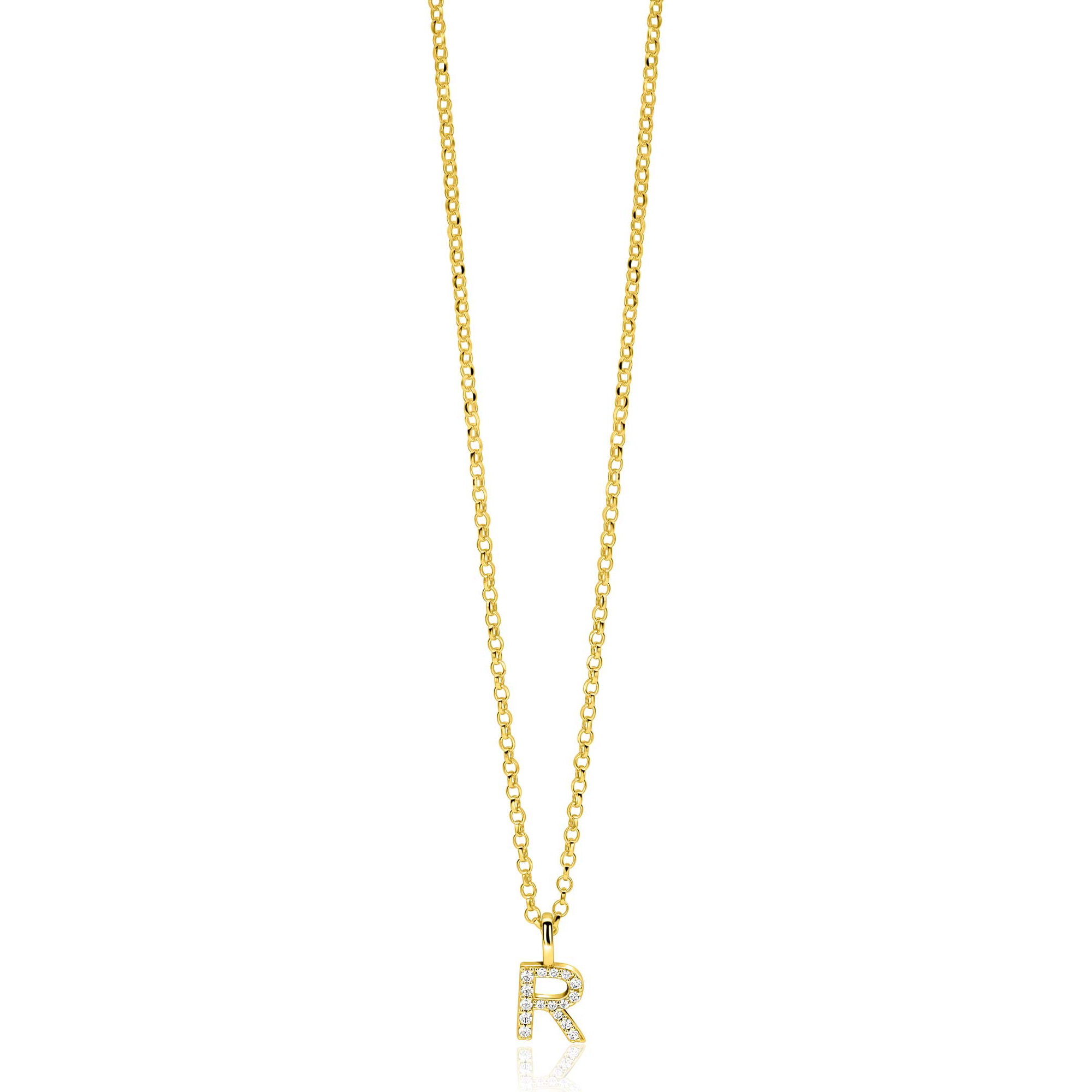 ZINZI gold plated zilveren letter hanger R bezet met witte zirkonia's ZIH2828-R (zonder ketting)
