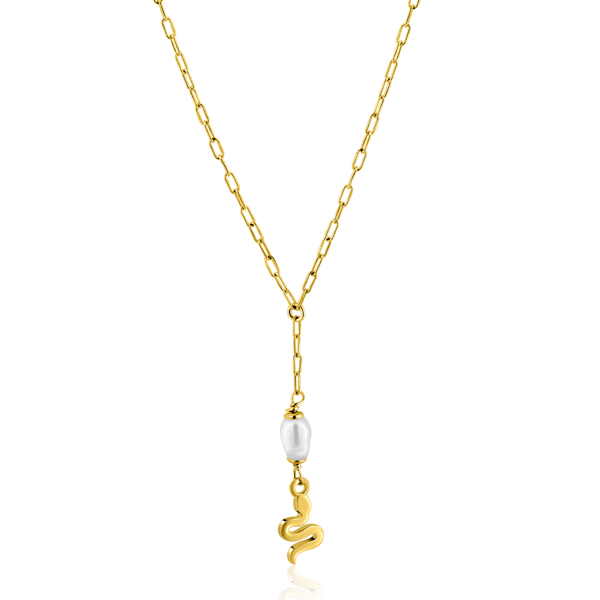 ZINZI gold plated zilveren paperclip Y-collier met witte zoetwaterparel en slang ZIC2761
