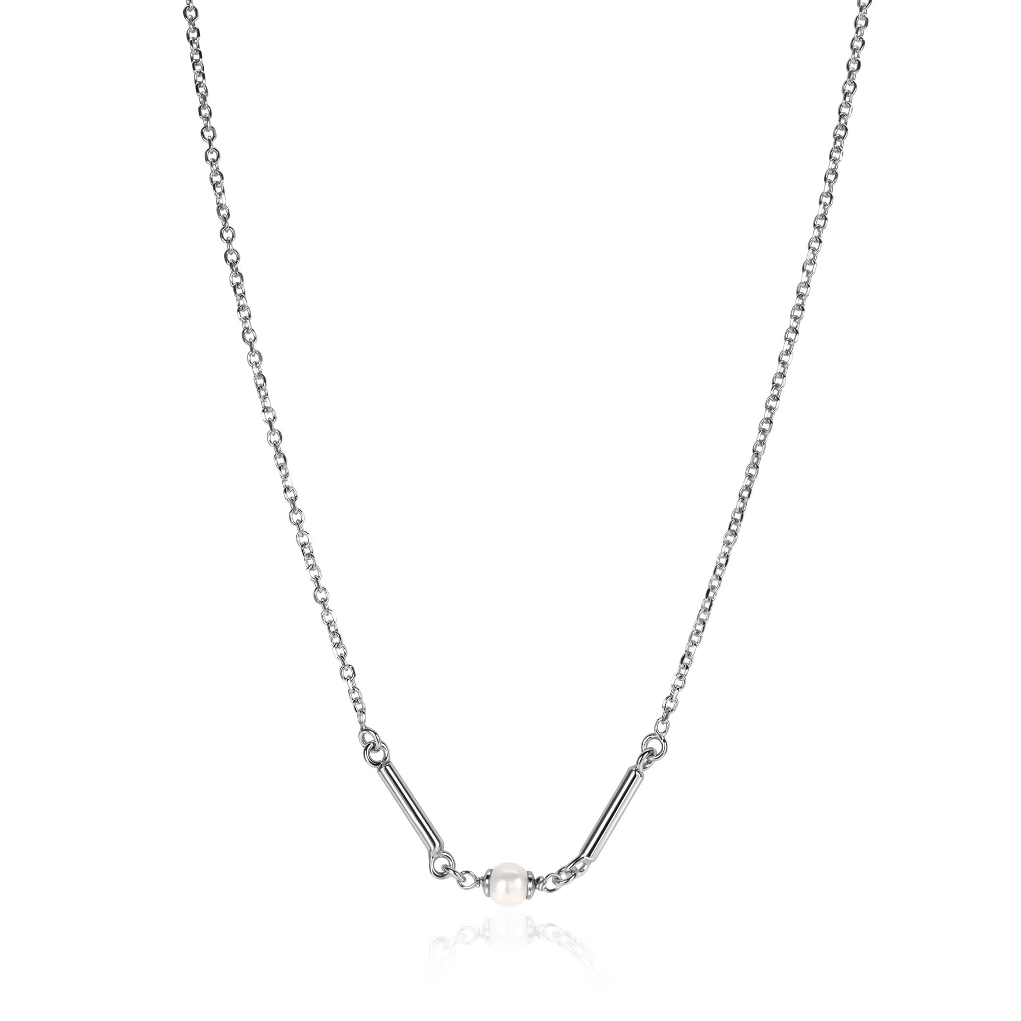 ZINZI zilveren schakel ketting met twee glanzende staafjes en witte zoetwaterparel 42-45cm ZIC-BF108
