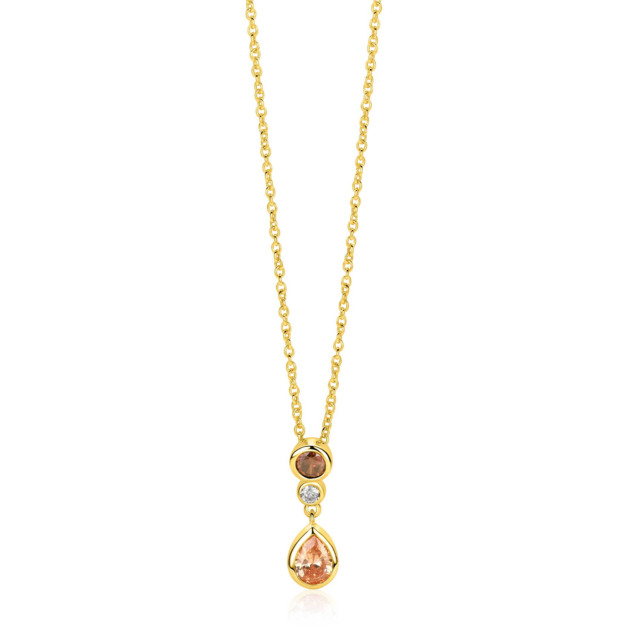ZINZI gold plated zilveren collier 45cm met kleurrijke hanger (20mm) een speelse combinatie van vormen en kleuren champagne, bruin en wit ZIC2900