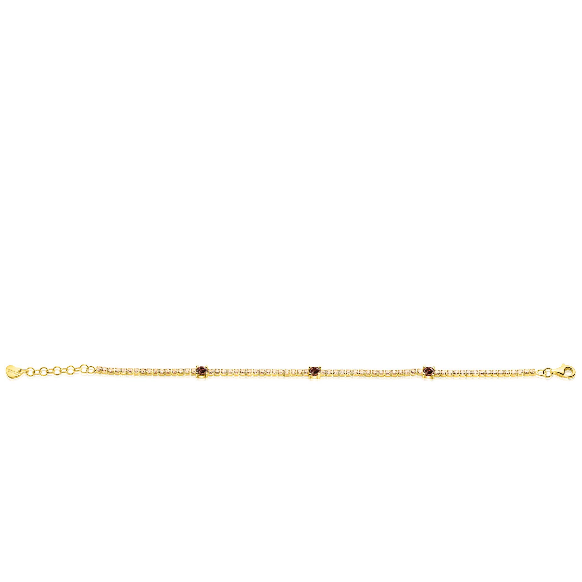 ZINZI gold plated zilveren tennisarmband 2,1mm breed bezet met champagnekleurige zirkonia’s in verfijnde rijzetting, afgewisseld met drie grotere donkerbruine kleurstenen (4,3mm) in chatonzetting ZIA2894C
