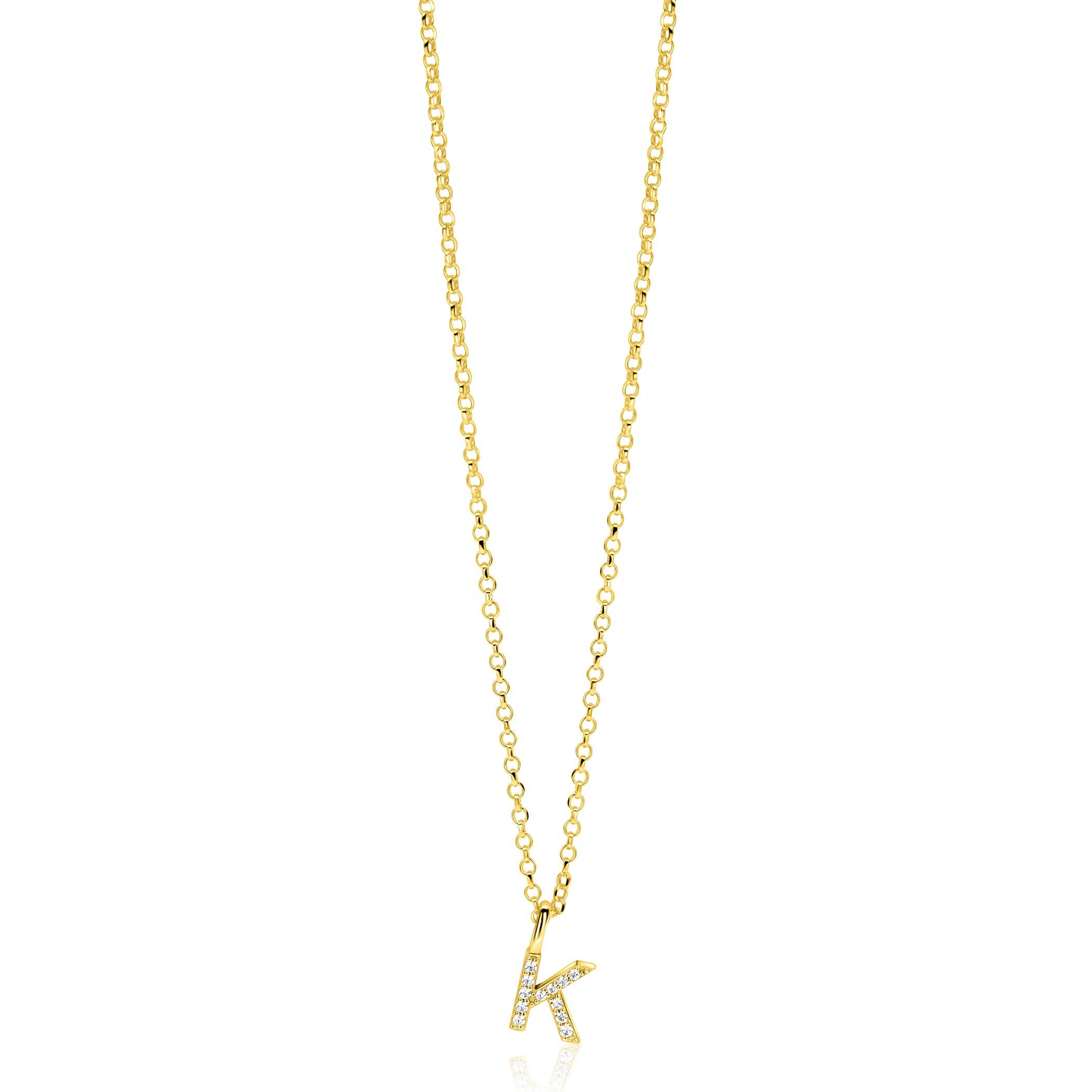 ZINZI gold plated zilveren letter hanger K bezet met witte zirkonia's ZIH2828-K (zonder ketting)