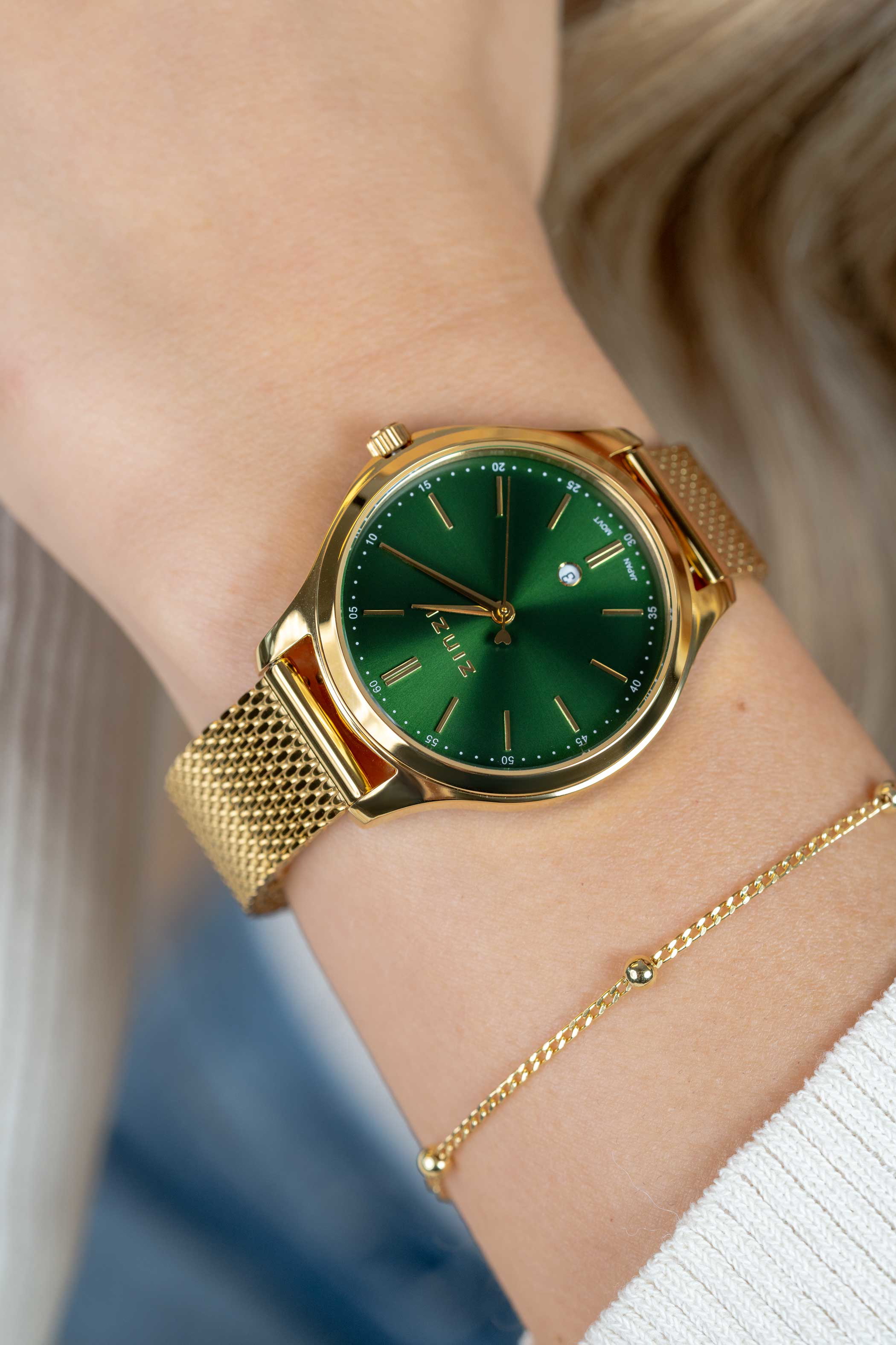 ZINZI Classy horloge 34mm groene wijzerplaat goudkleurige stalen kast en  meshband, datum ZIW1035M
