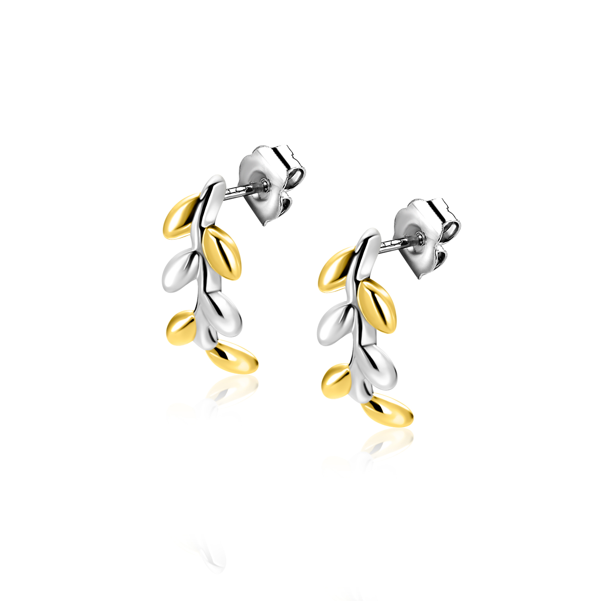 12mm ZINZI zilveren oorstekers bicolor takje met bladeren ZIO2740