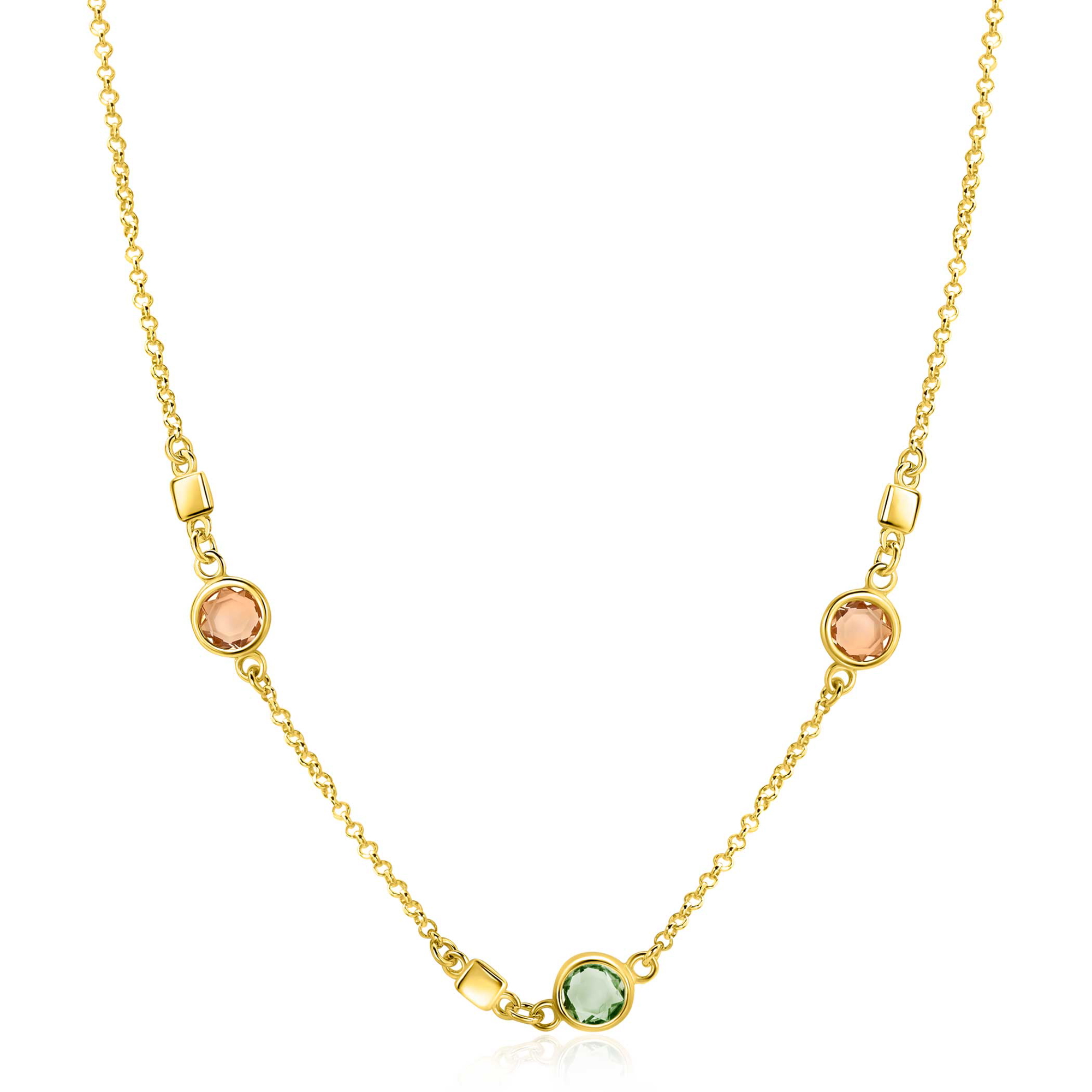 ZINZI gold plated zilveren ketting 45cm met ronde kleurstenen in zachte groen- en champagnetinten, afgewisseld met vierkante plaatjes ZIC2907