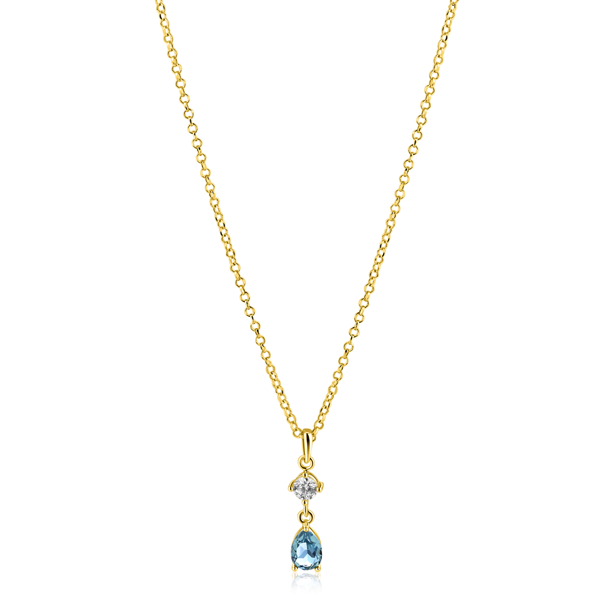 ZINZI gold plated zilveren ketting 42-45cm met luxe peervormige hanger met lichtblauwe kleursteen en witte zirkonia ZIC2744
