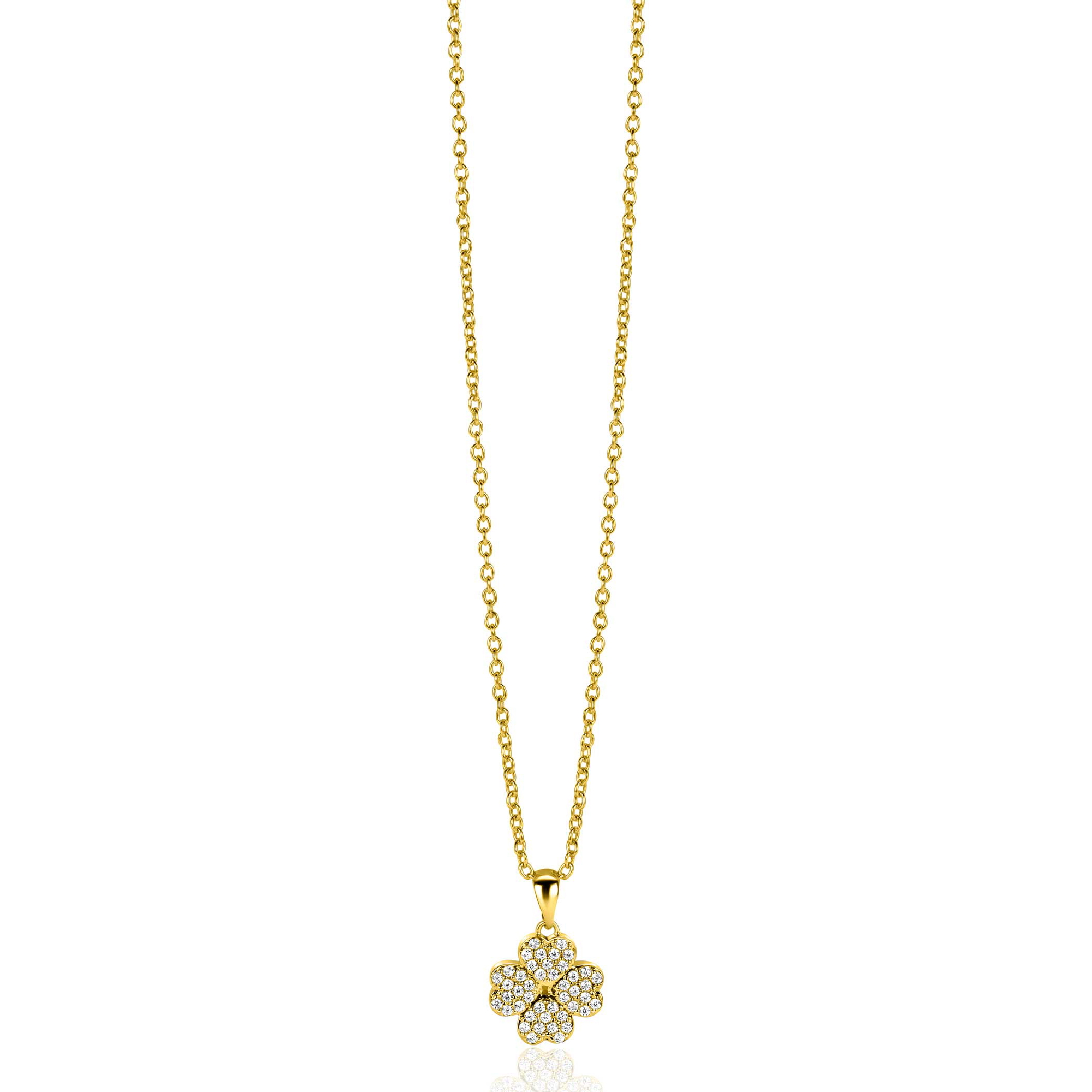 16mm ZINZI gold plated zilveren klaver vier hanger bezet met witte zirconia's ZIH2618 (zonder collier)
