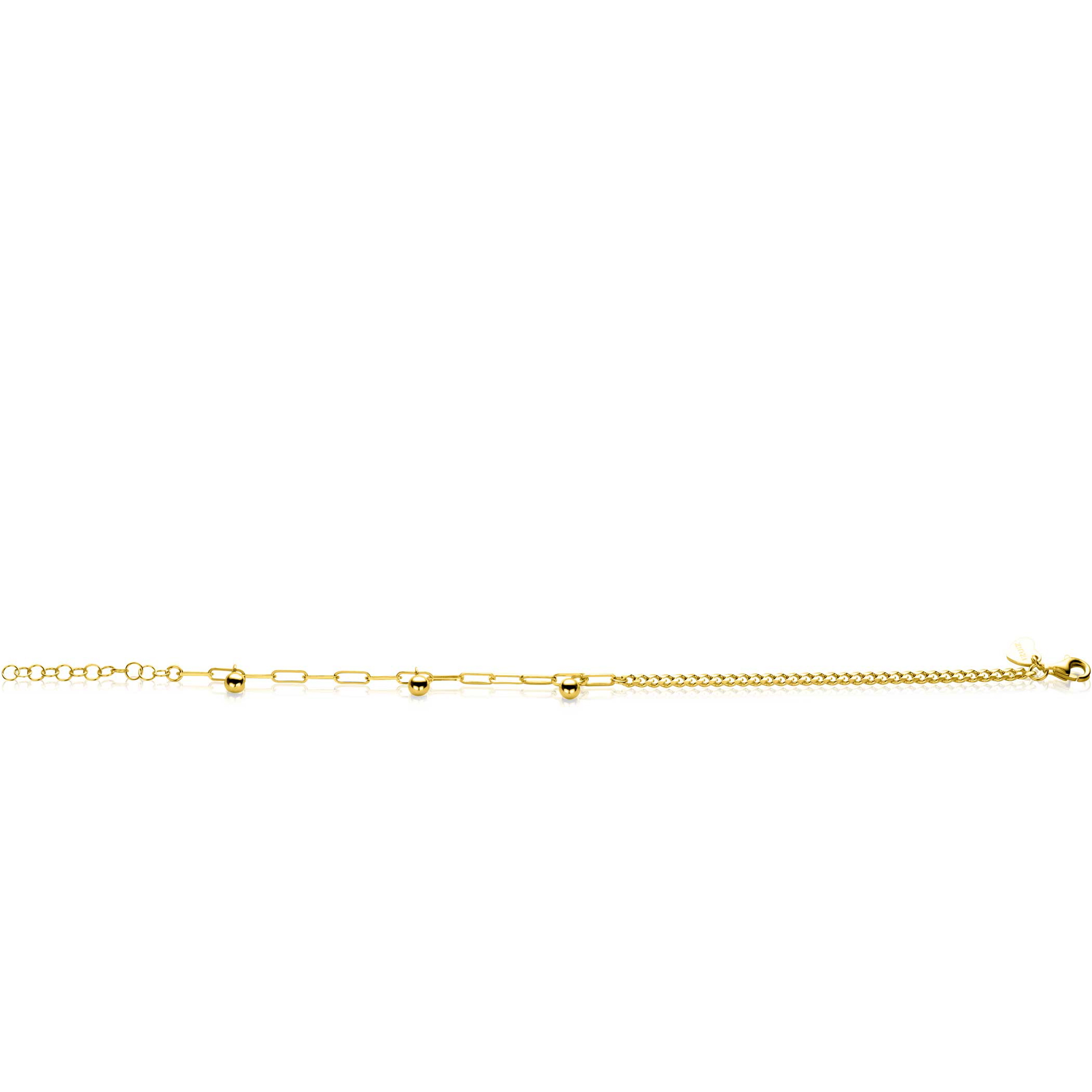 ZINZI Gold Plated Sterling Silver Chain Bracelet Curb and Paperclip Chain with 3 Beads 16,5-19cm ZIA2521G