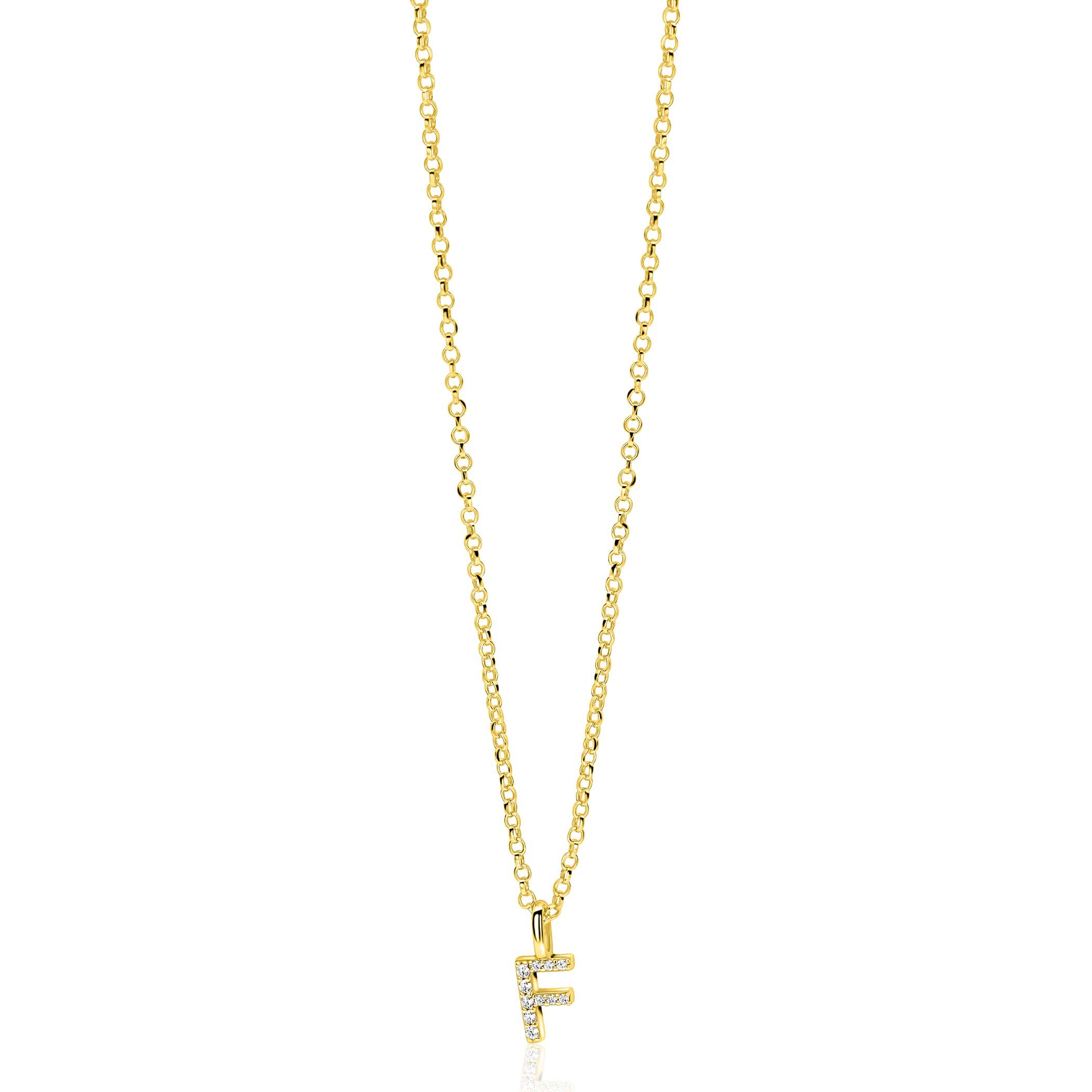 ZINZI gold plated zilveren letter hanger F bezet met witte zirkonia's ZIH2828-F (zonder ketting)
