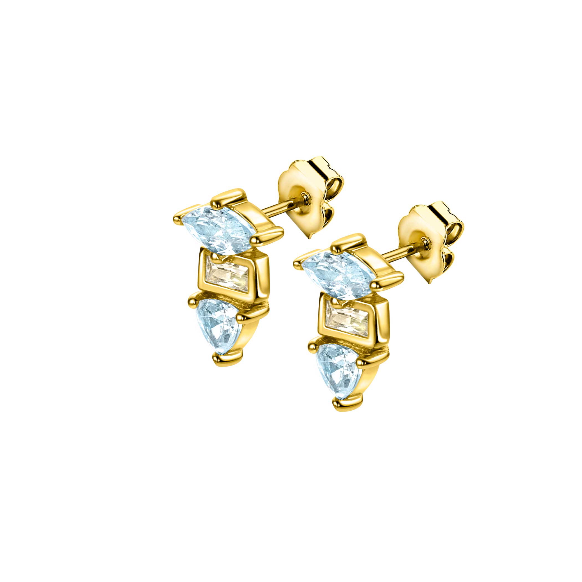 9,5mm ZINZI gold plated zilveren oorstekers met drie verschillende vormen van zettingen, bezet met champagne en blauwe kleurstenen ZIO2630BC