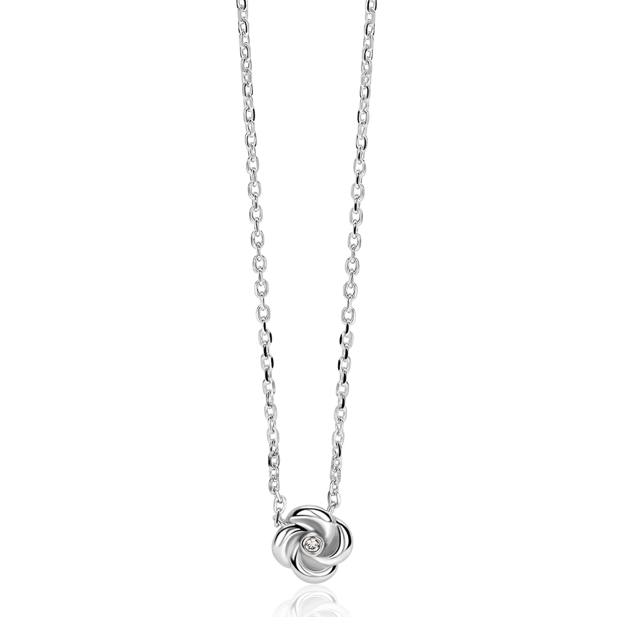 ZINZI zilveren ketting met hanger in roosdesign (9mm) en bezet met een witte zirkonia in het midden 42-45cm ZIC2872