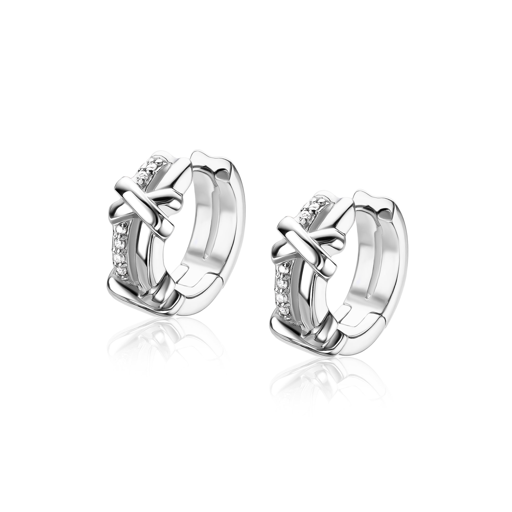 14mm ZINZI zilveren oorringen met kruisjes en witte zirkonia's, luxe klapsluiting ZIO-BF147
