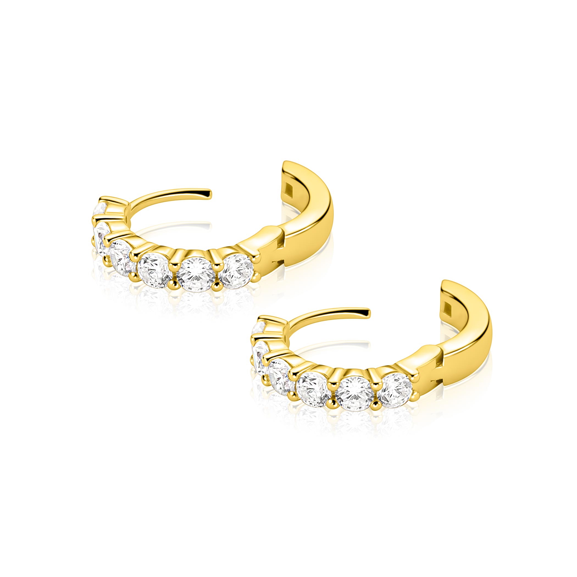15mm ZINZI gold plated zilveren tennis oorringen bezet met zes ronde witte zirkonia's, 3mm buisdikte en luxe klapsluiting ZIO2888Y