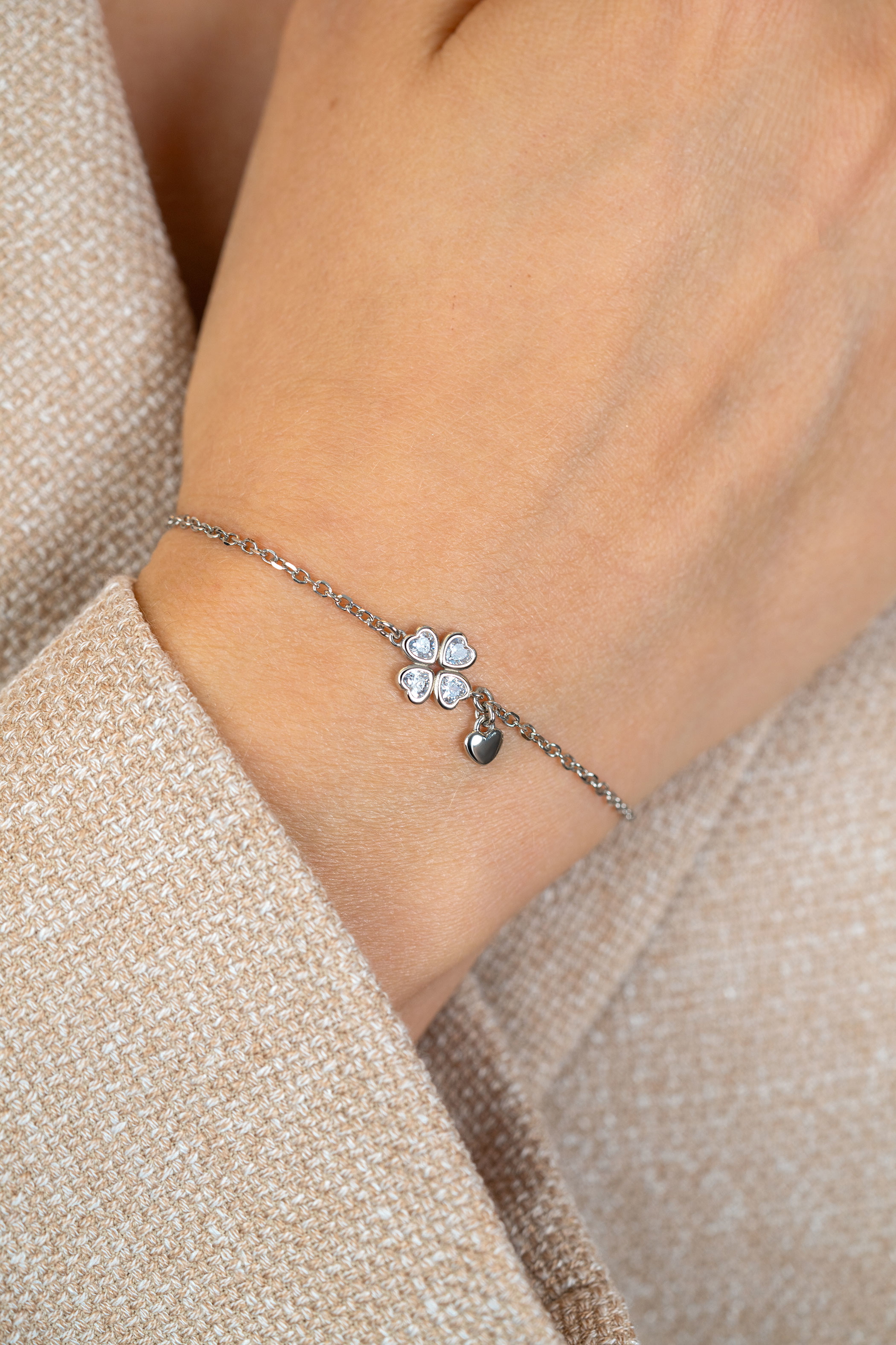 ZINZI zilveren schakelarmband met klavertje vier en hartje hanger ZIA2783