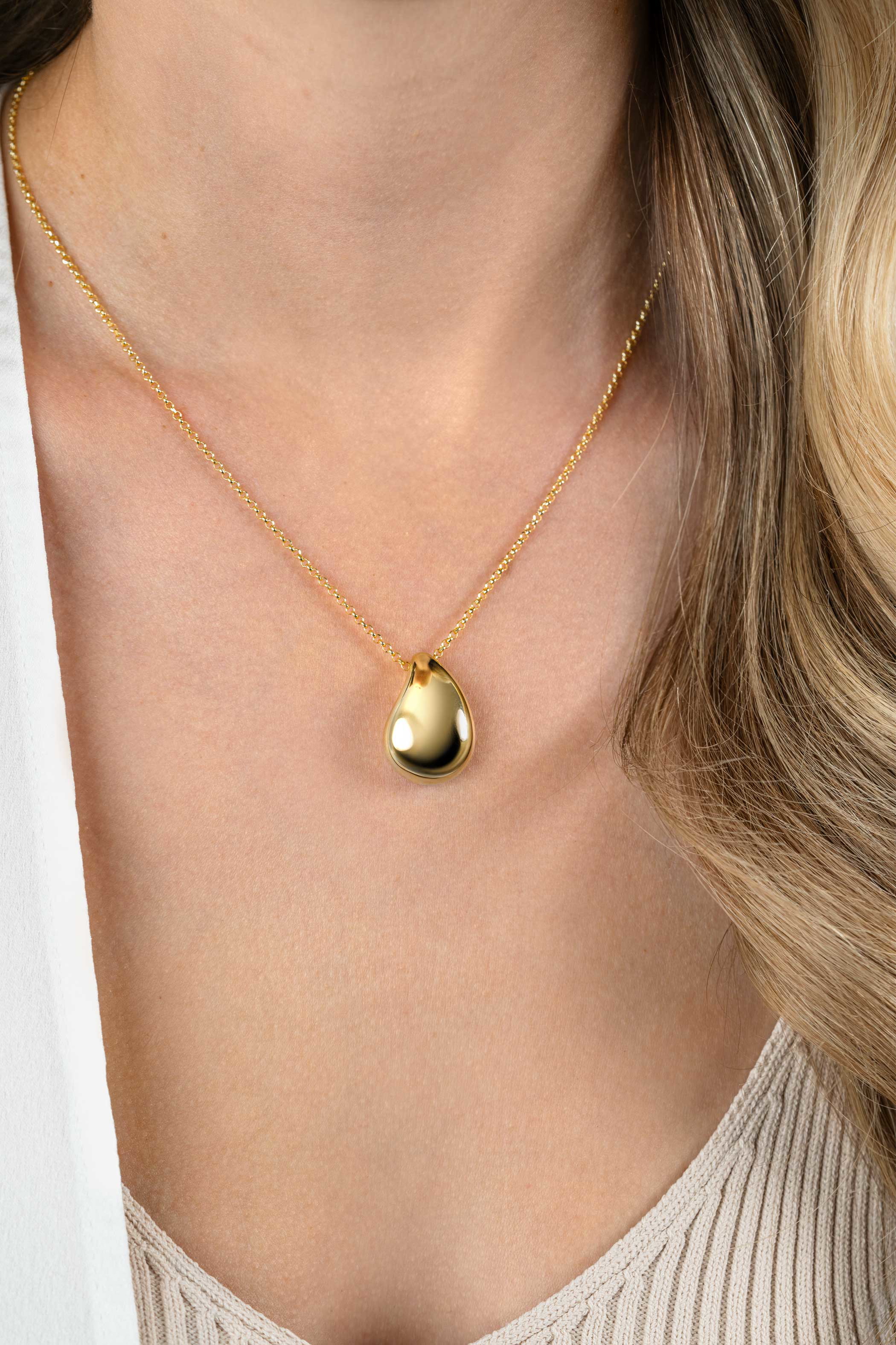 ZINZI gold plated zilveren jasseron ketting 45cm met luxe grote druppelvormige hanger (24mm) ZIC2637G