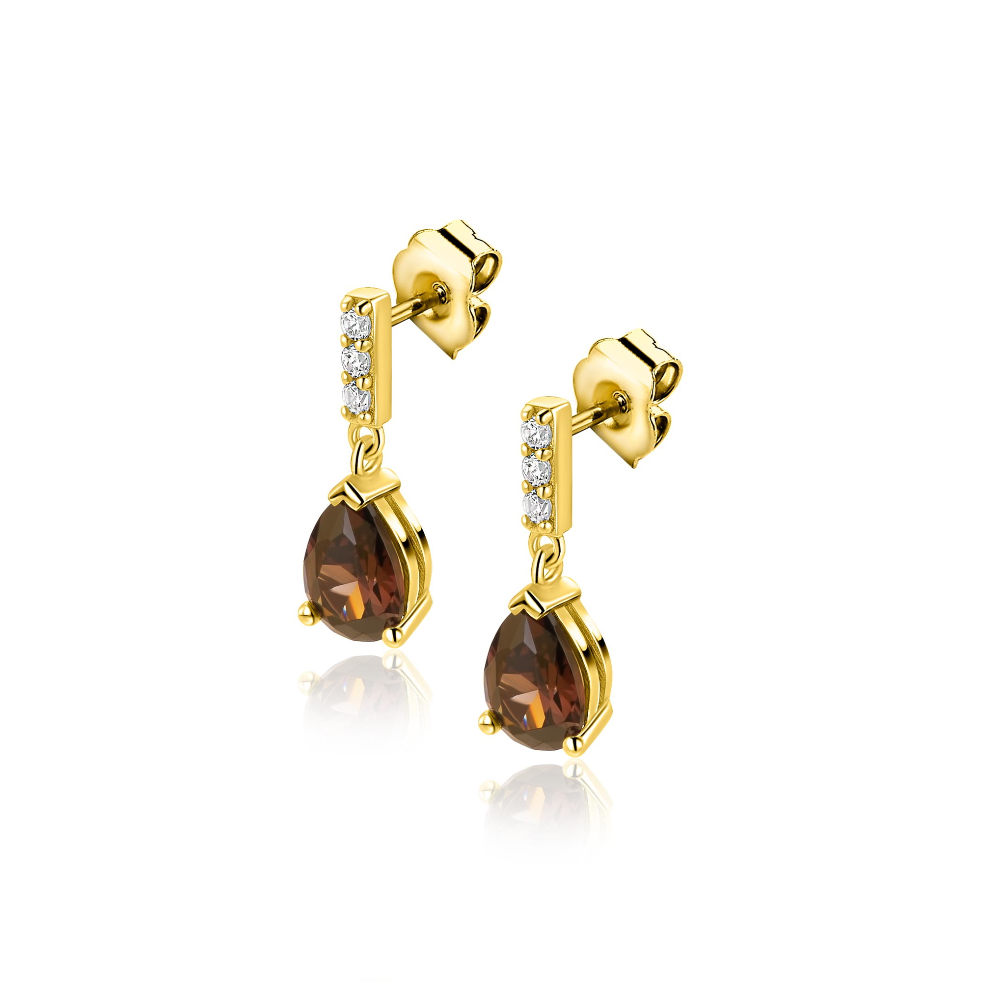 16mm ZINZI goldplated zilveren oorstekers met bruine druppelvormige kleursteen ZIO2804