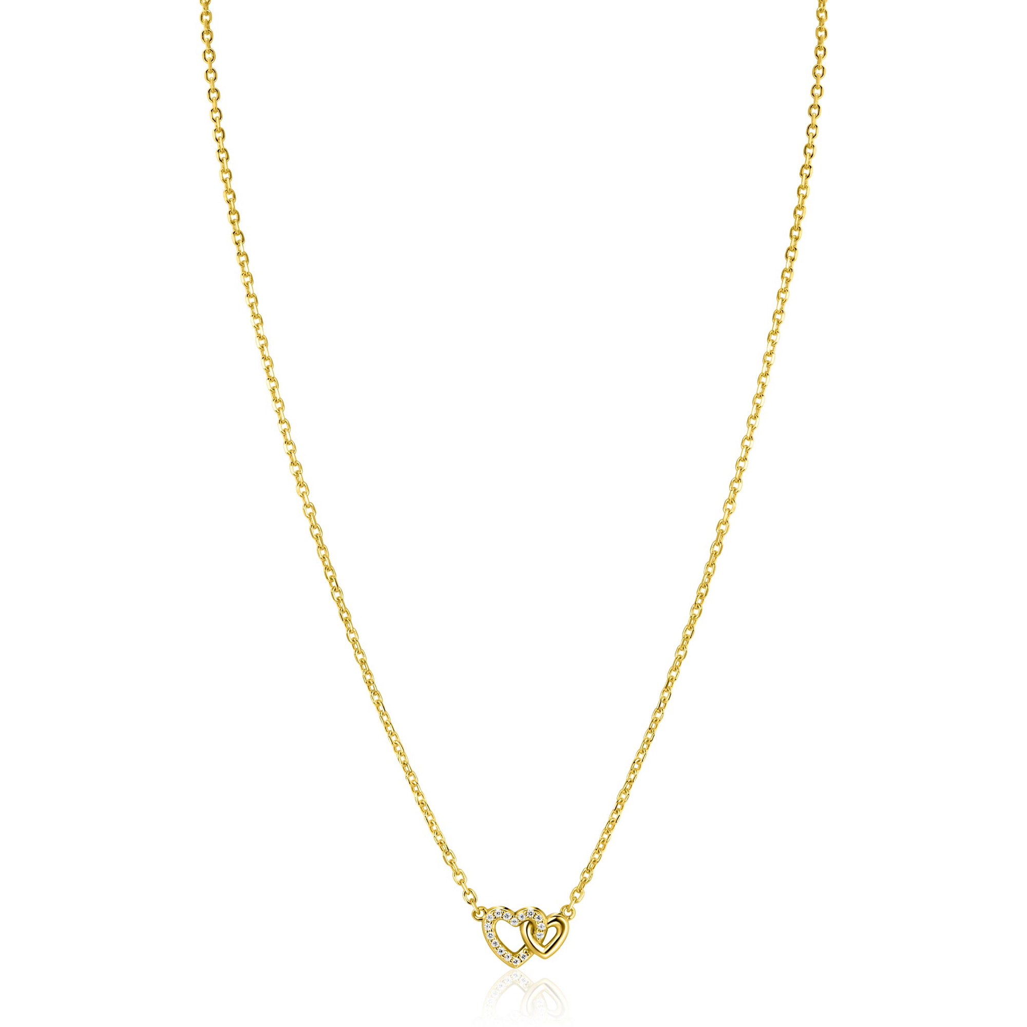 ZINZI gold plated zilveren ketting 42–45cm met verbonden hartjes, witte zirkonia's ZIC2493Y