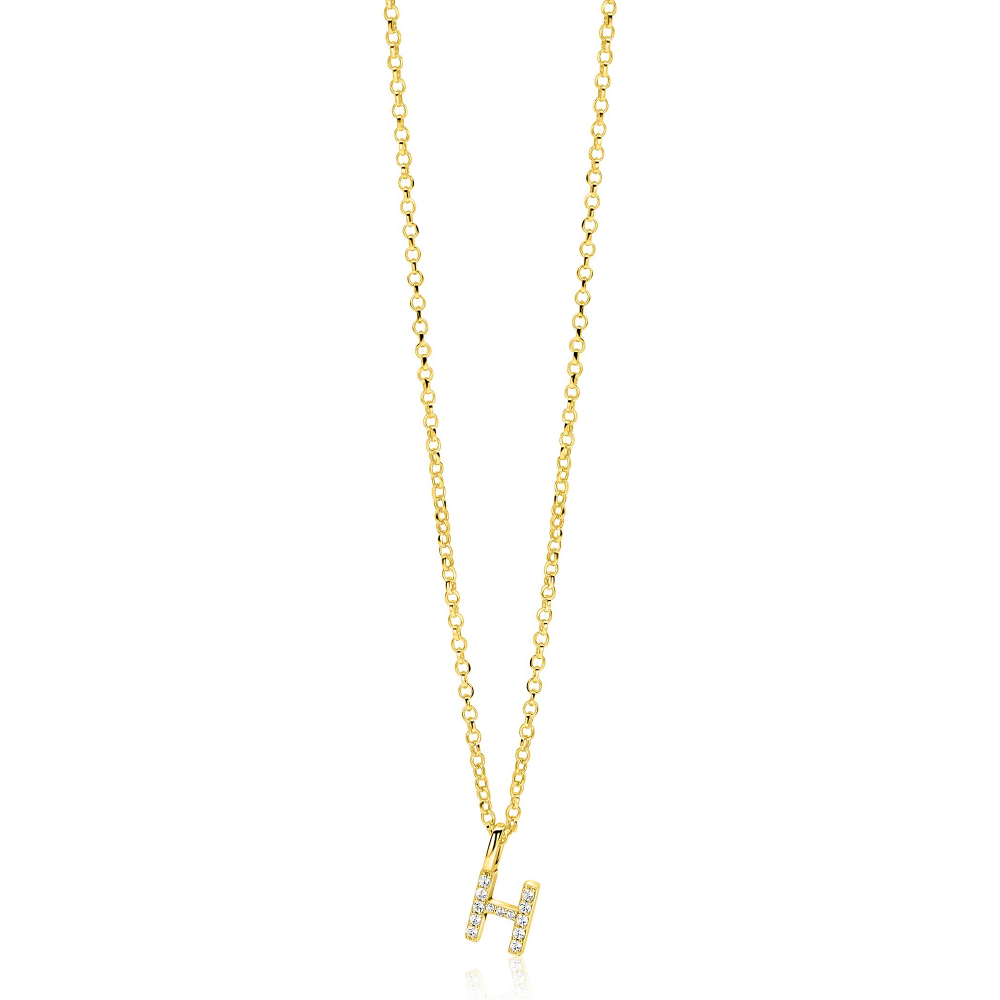 ZINZI gold plated zilveren letter hanger H bezet met witte zirkonia's ZIH2828-H (zonder ketting)