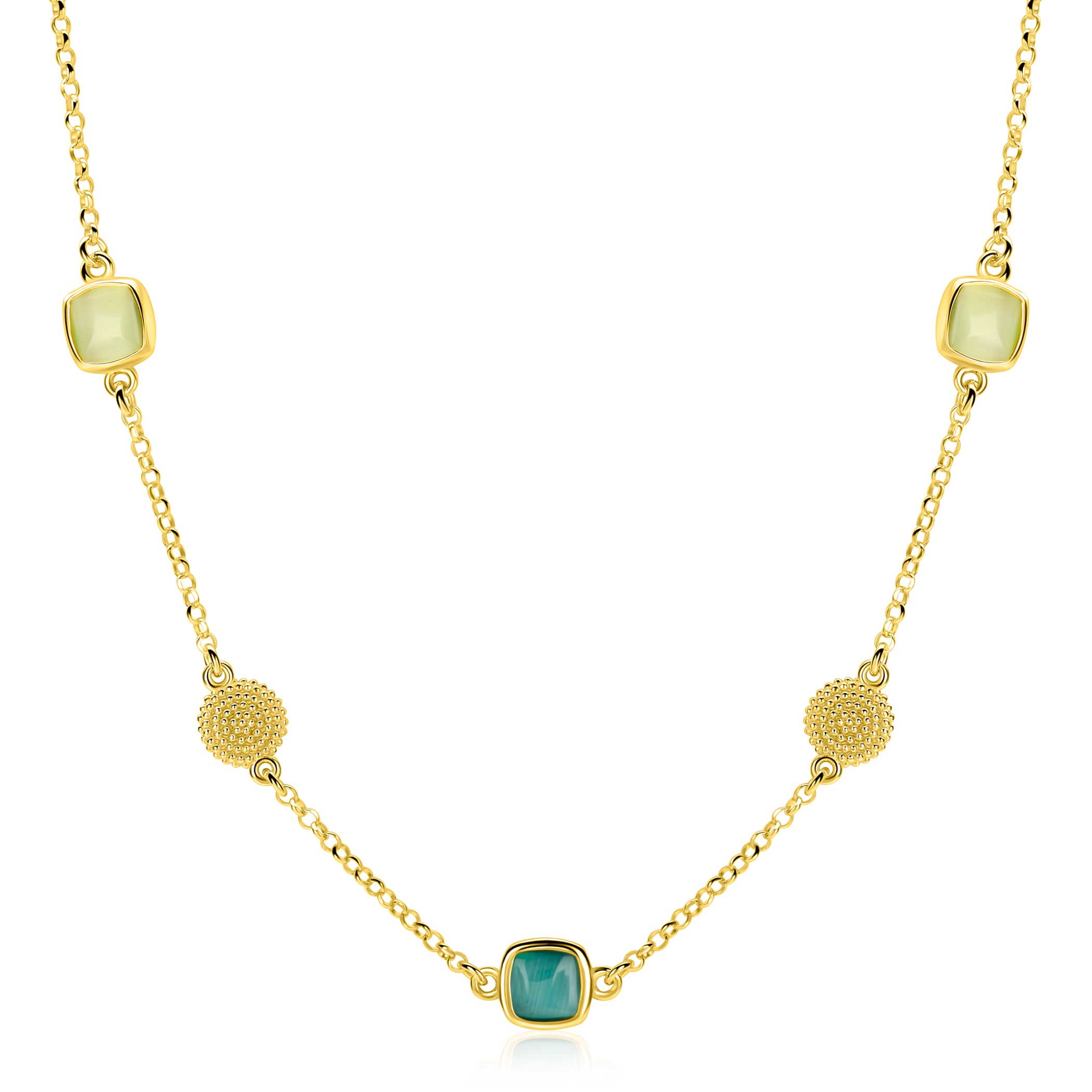 ZINZI gold plated zilveren ketting 45cm met drie vierkante kleurstenen in zachte groentinten, afgewisseld met ronde structuurelementen ZIC2904