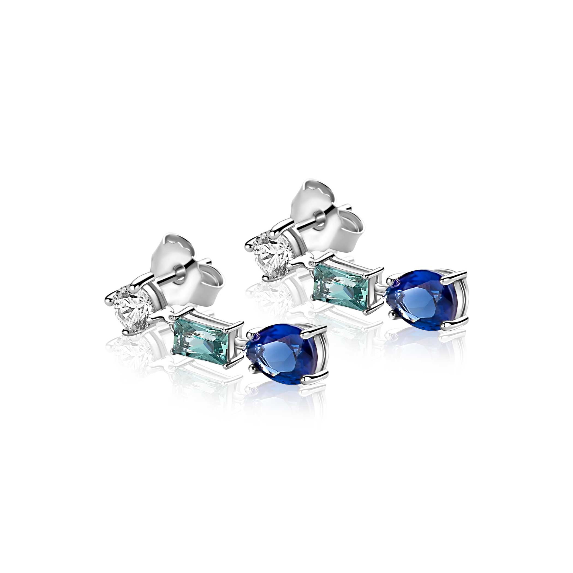 22mm ZINZI zilveren oorstekers bezet met een ronde witte zirkonia, licht aquablauwe rechthoekige kleursteen en diepblauwe peervormige kleursteen ZIO2901