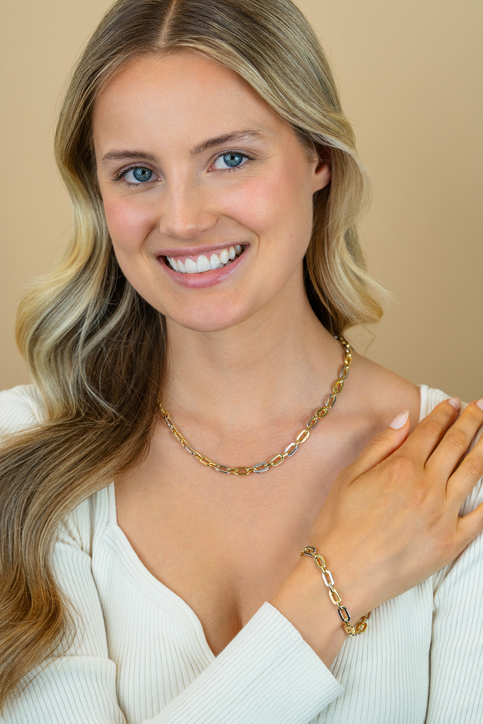 ZINZI gold plated zilveren schakelketting 42-45cm met bicolor rechthoekige schakels (6,5mm breed) ZIC2757