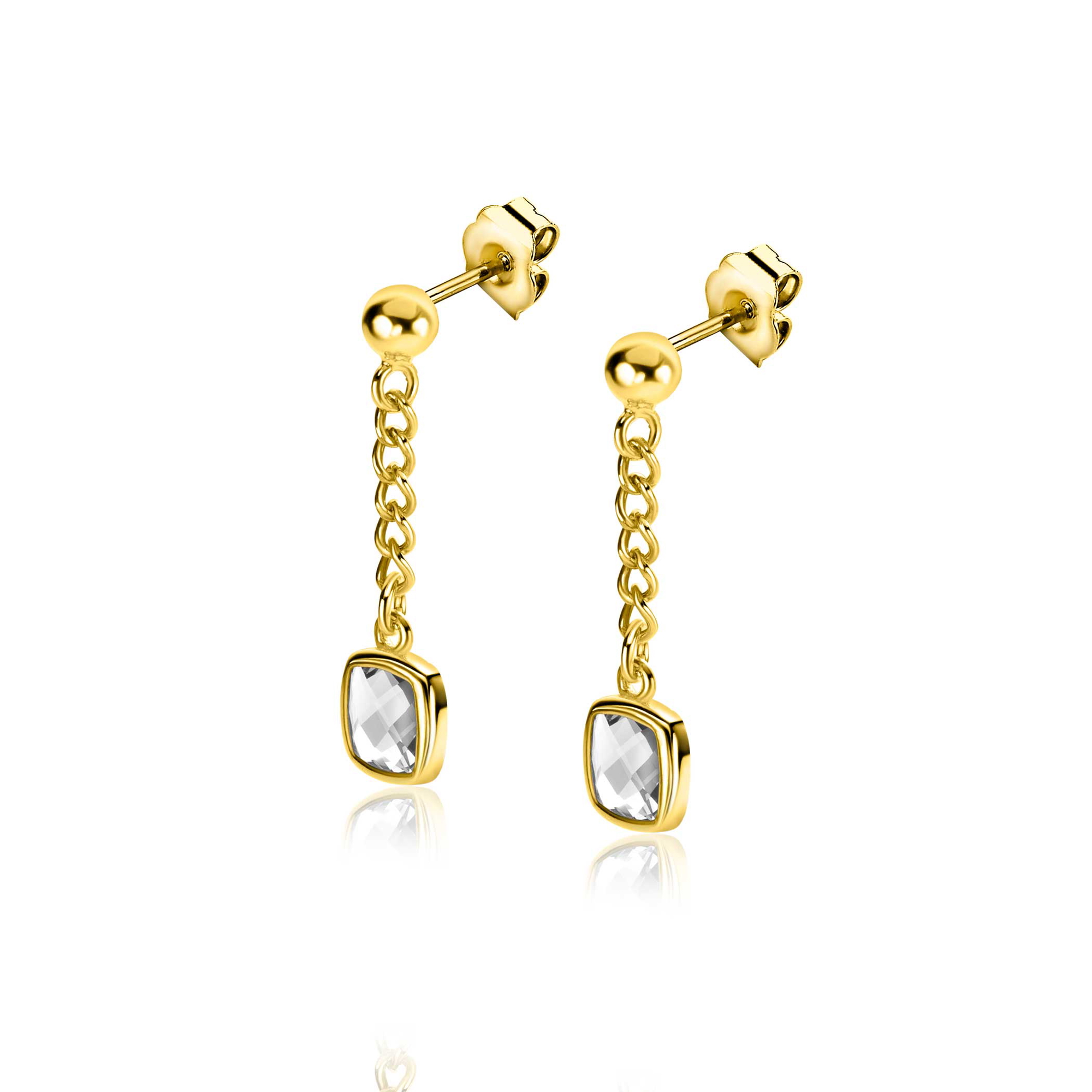 25mm ZINZI gold plated zilveren oorstekers met gourmet kettinkje en vierkante zetting bezet met witte zirconia ZIO2417Y