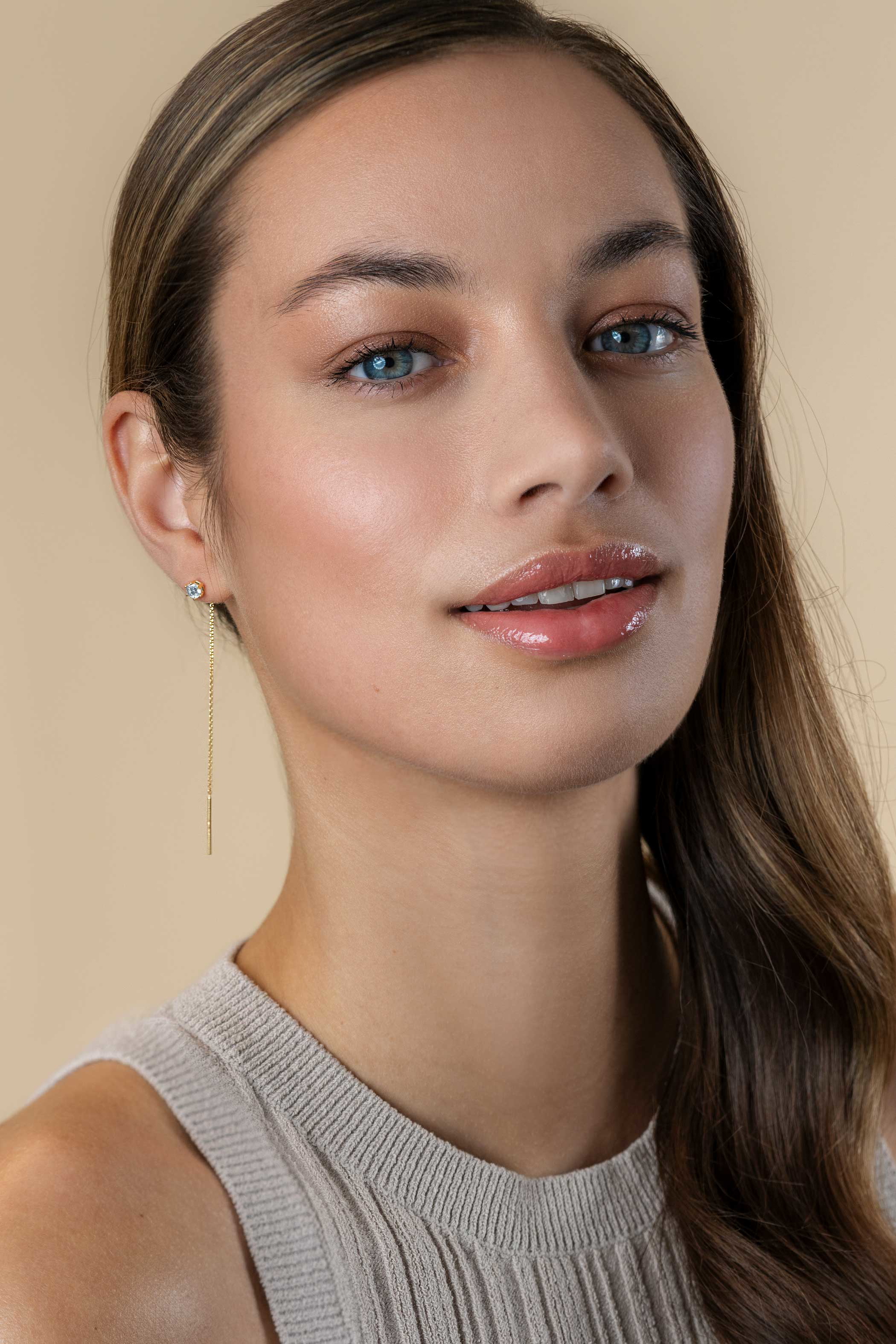 80mm ZINZI gold plated silver threader earrings with 5mm white zirconia chaton setting and graceful chain ZIO2576Y
