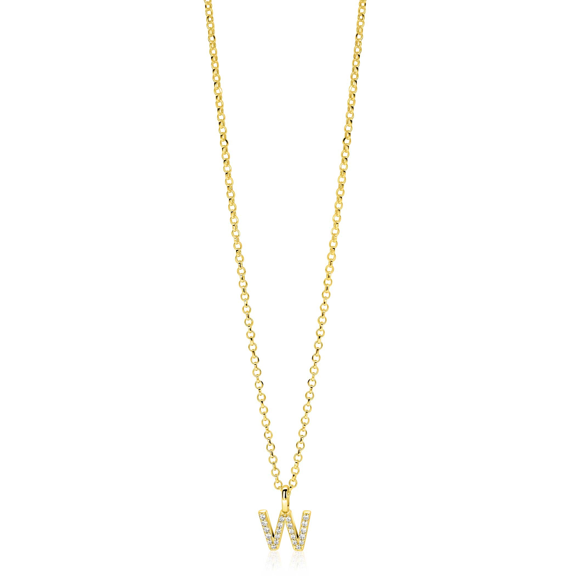 ZINZI gold plated zilveren letter hanger W bezet met witte zirkonia's ZIH2828-W (zonder ketting)