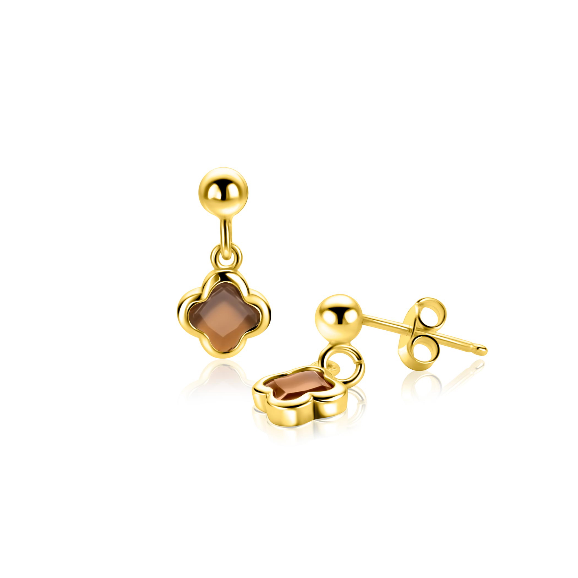 16mm ZINZI goldplated zilveren oorstekers met bruine klavers 8mm ZIO2772