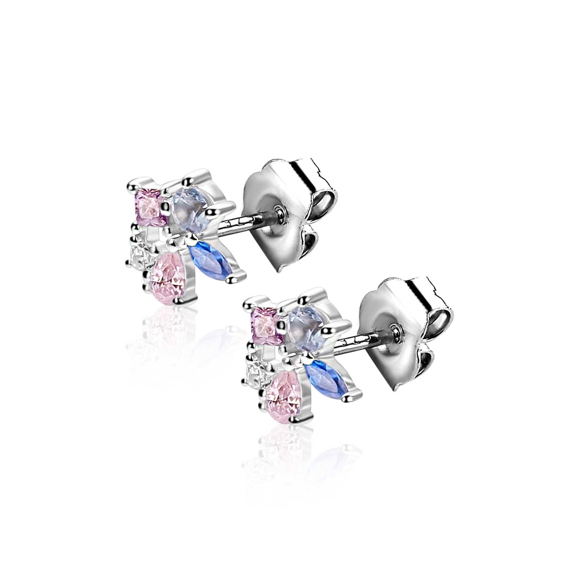 8mm ZINZI zilveren oorstekers bezet met een speelse combinatie van witte, roze, paarse en blauwe kleurstenen in verschillende slijpvormen ZIO2866