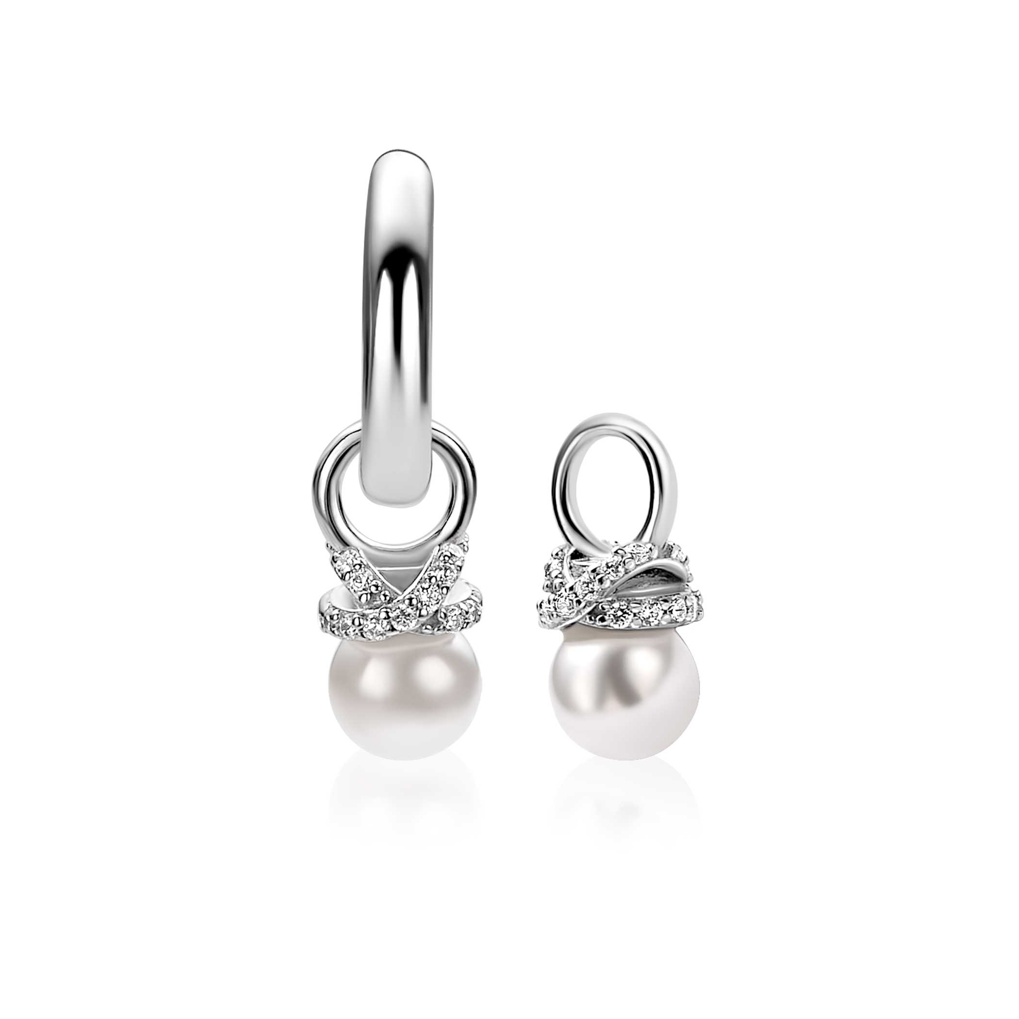 ZINZI zlv. oorbedels parel met zirconia's in x vorm