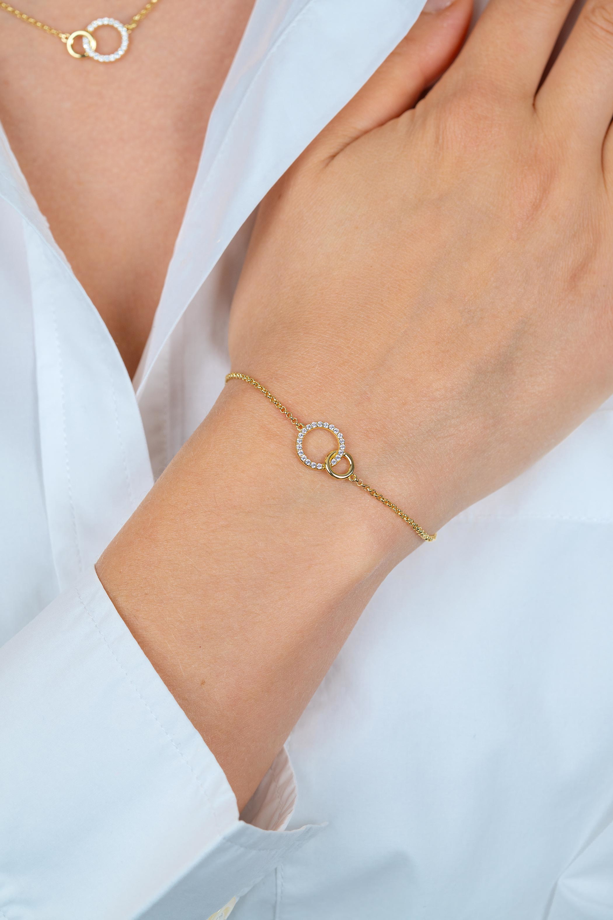 ZINZI Sterling Silver Gold Plated Bracelet with two 2 Connected Open Circles White ZIA1782Y