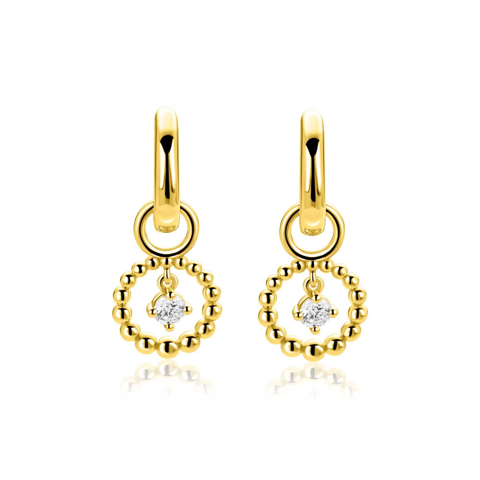 10mm ZINZI goldplated zilveren oorbedels met bolletjes en bungelende witte zirkonia ZICH2816 (zonder oorringen)