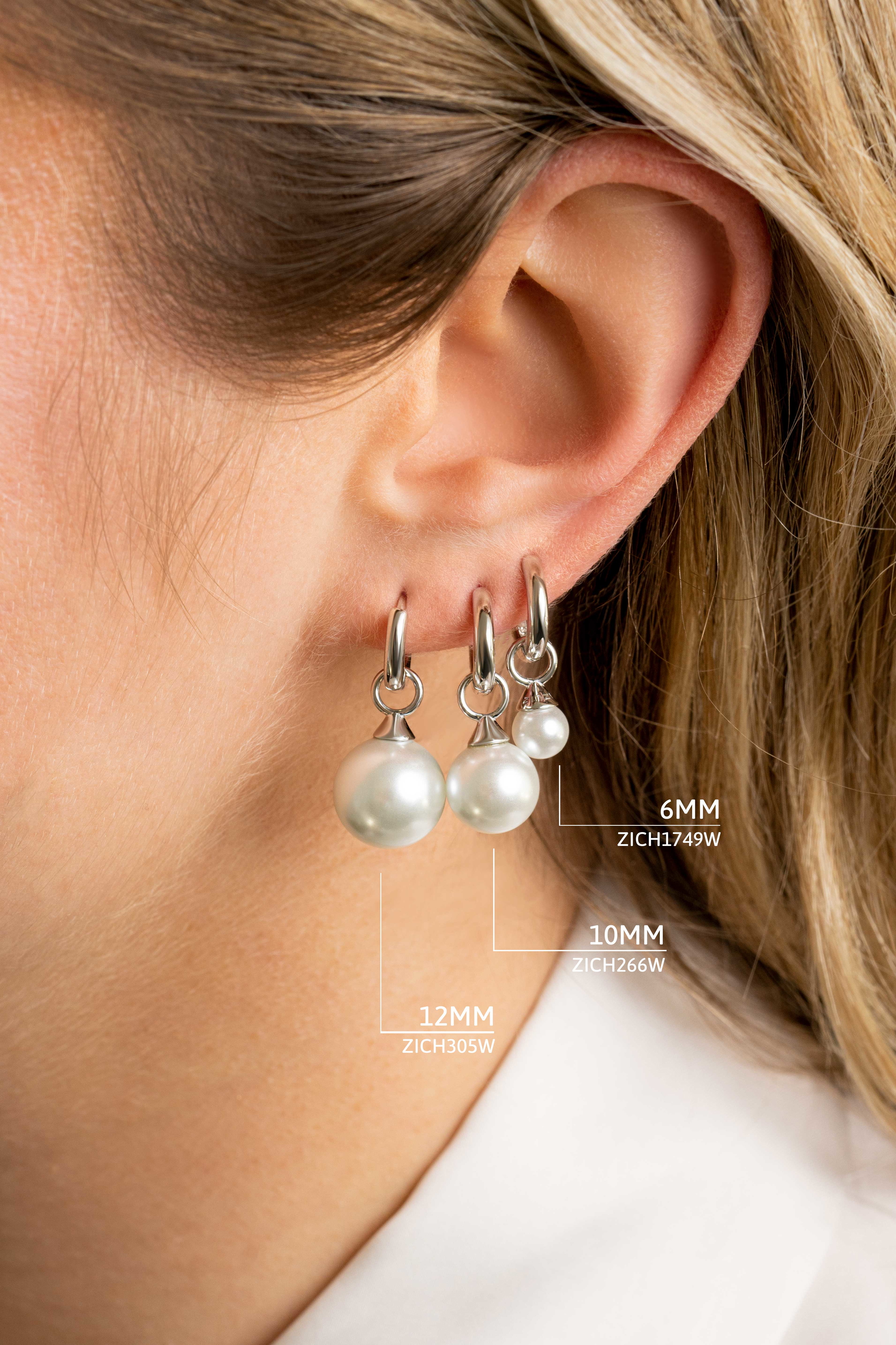 ZINZI zilveren oorbedels parel wit 12mm ZICH305W (zonder oorringen)