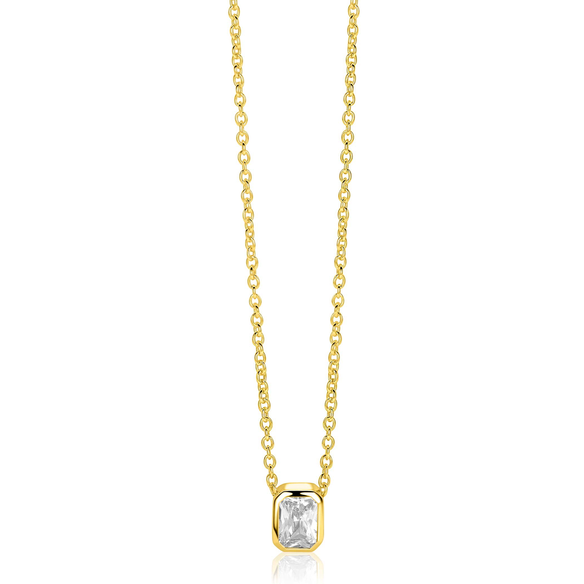 ZINZI gold plated zilveren collier 45cm met een rechthoekige gladde kastzetting (9mm), bezet met een witte zirkonia ZIC2899