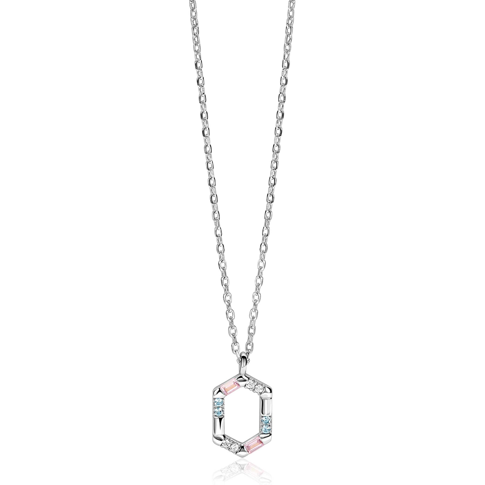 ZINZI zilveren ketting met zeshoekige hanger (18mm) bezet met witte, roze en lichtblauwe kleurstenen 42-45cm ZIC2868