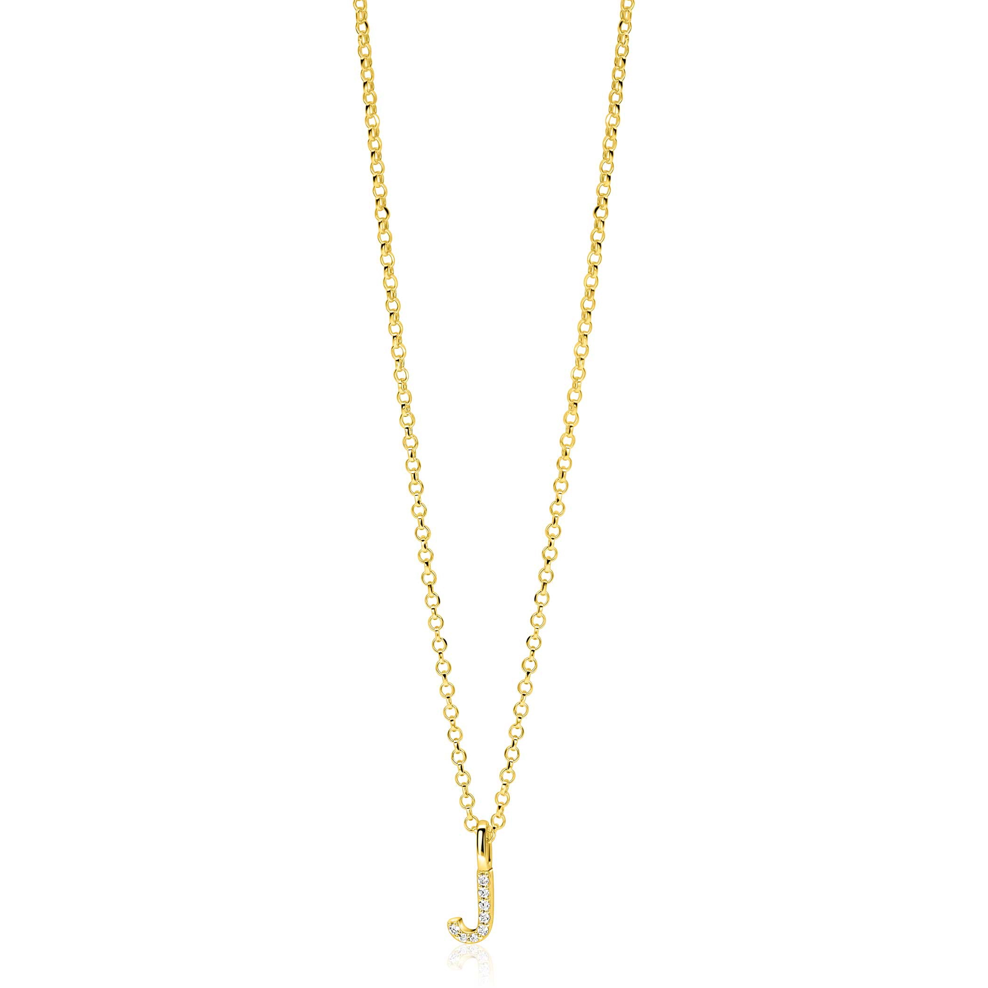 ZINZI gold plated zilveren letter hanger J bezet met witte zirkonia's ZIH2828-J (zonder ketting)