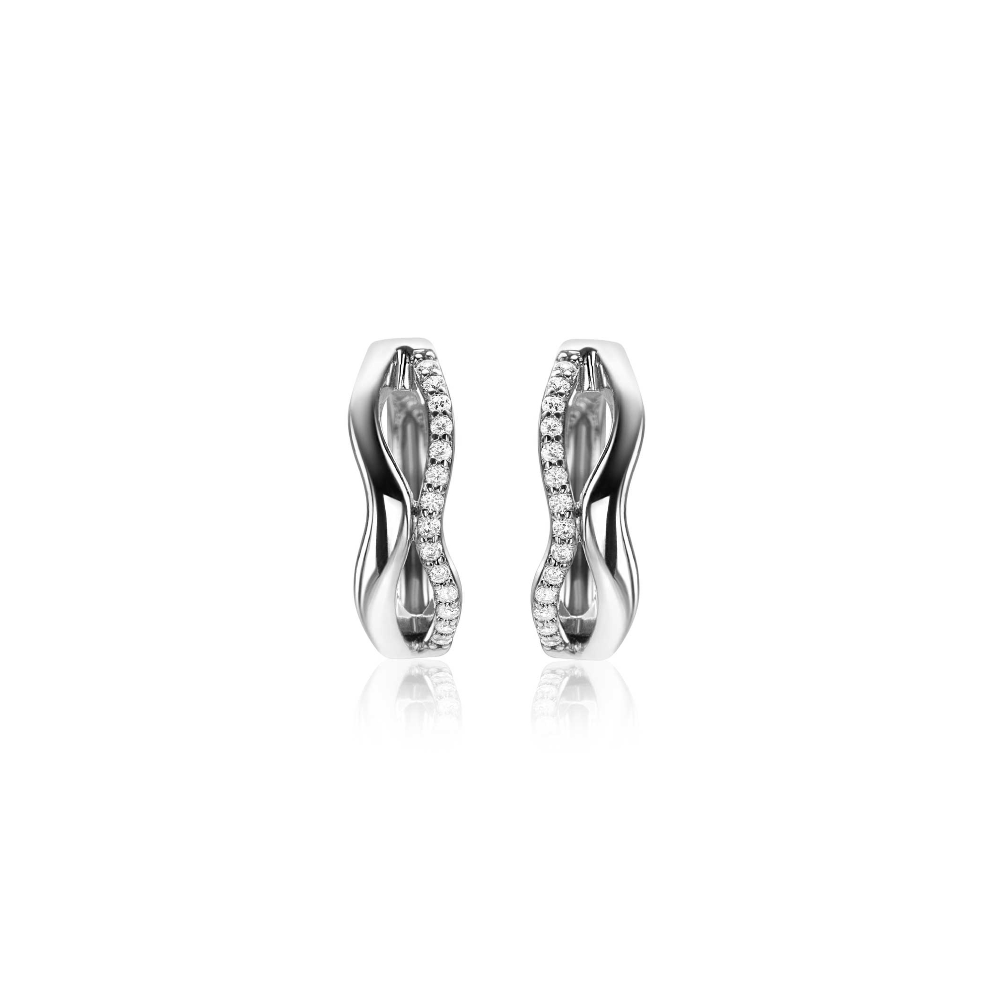 15mm ZINZI silver hoops organically shaped with two wavy lines, one of which is set with white zirconia, with luxury hinge closure ZIO2629