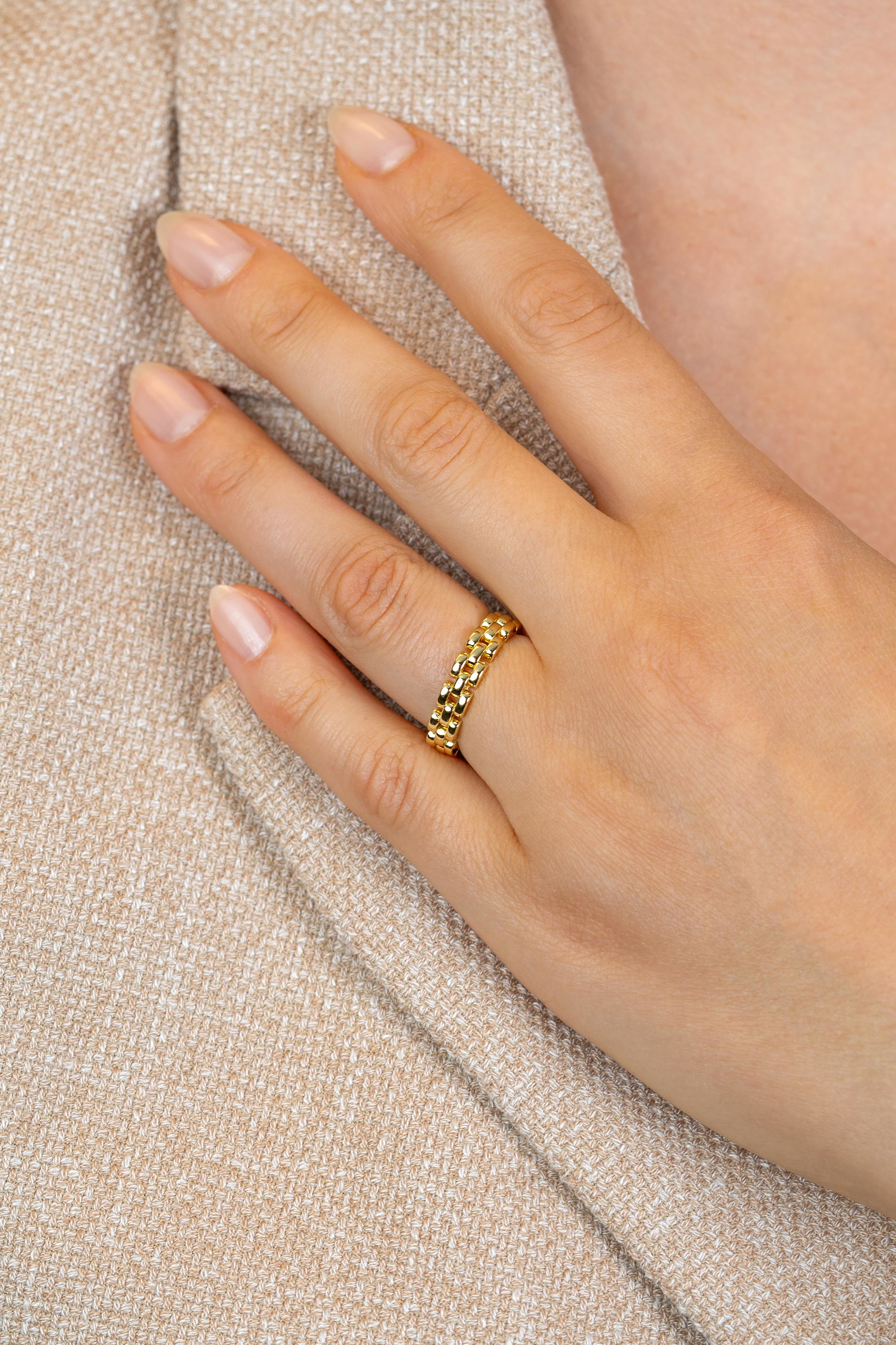 ZINZI goldplated zilveren ring met glanzende rolex-style schakels 4mm breed ZIR2556G