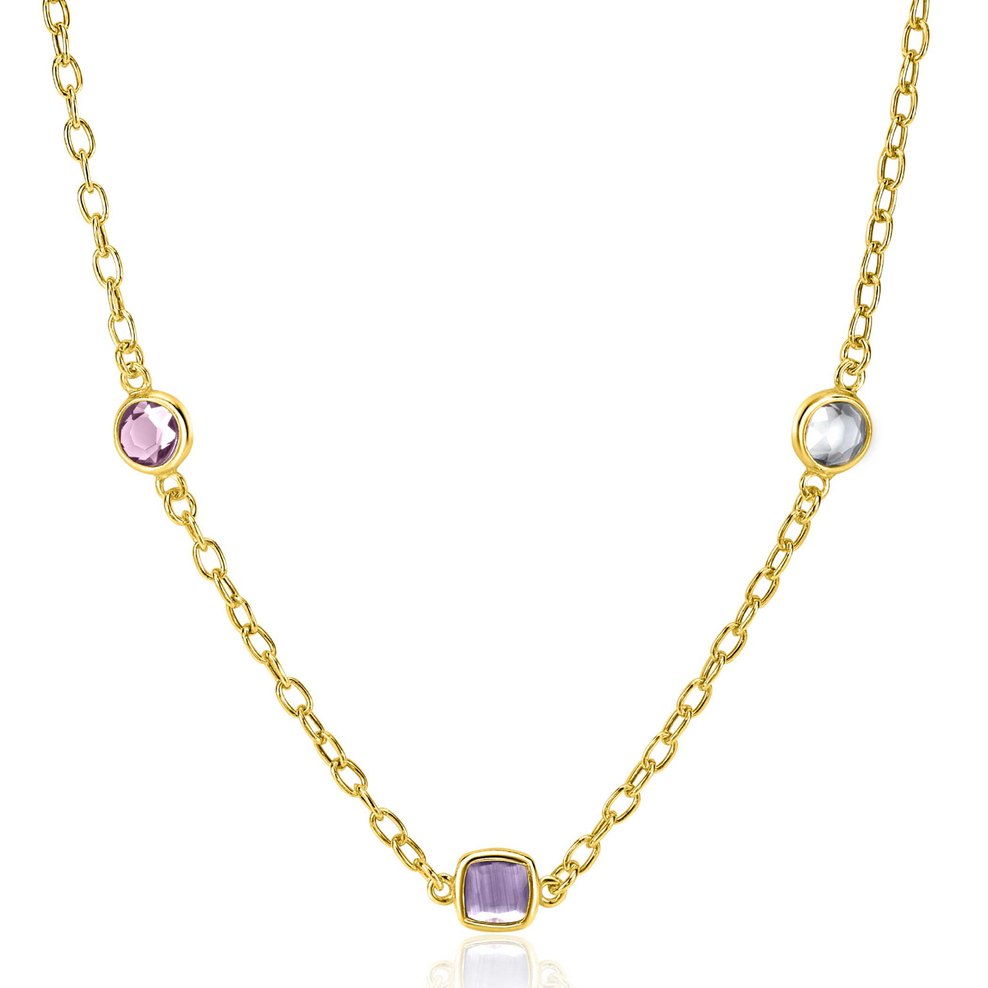 ZINZI gold plated zilveren schakelketting met ronde en vierkante zettingen pastel en paars 42-45cm ZIC2525G