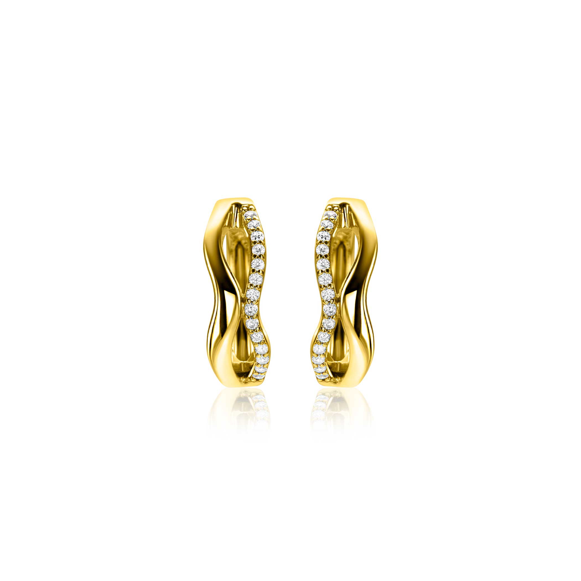 15mm ZINZI gold plated silver hoops organically shaped with two wavy lines, one of which is set with white zirconia, with luxury hinge closure ZIO2629Y