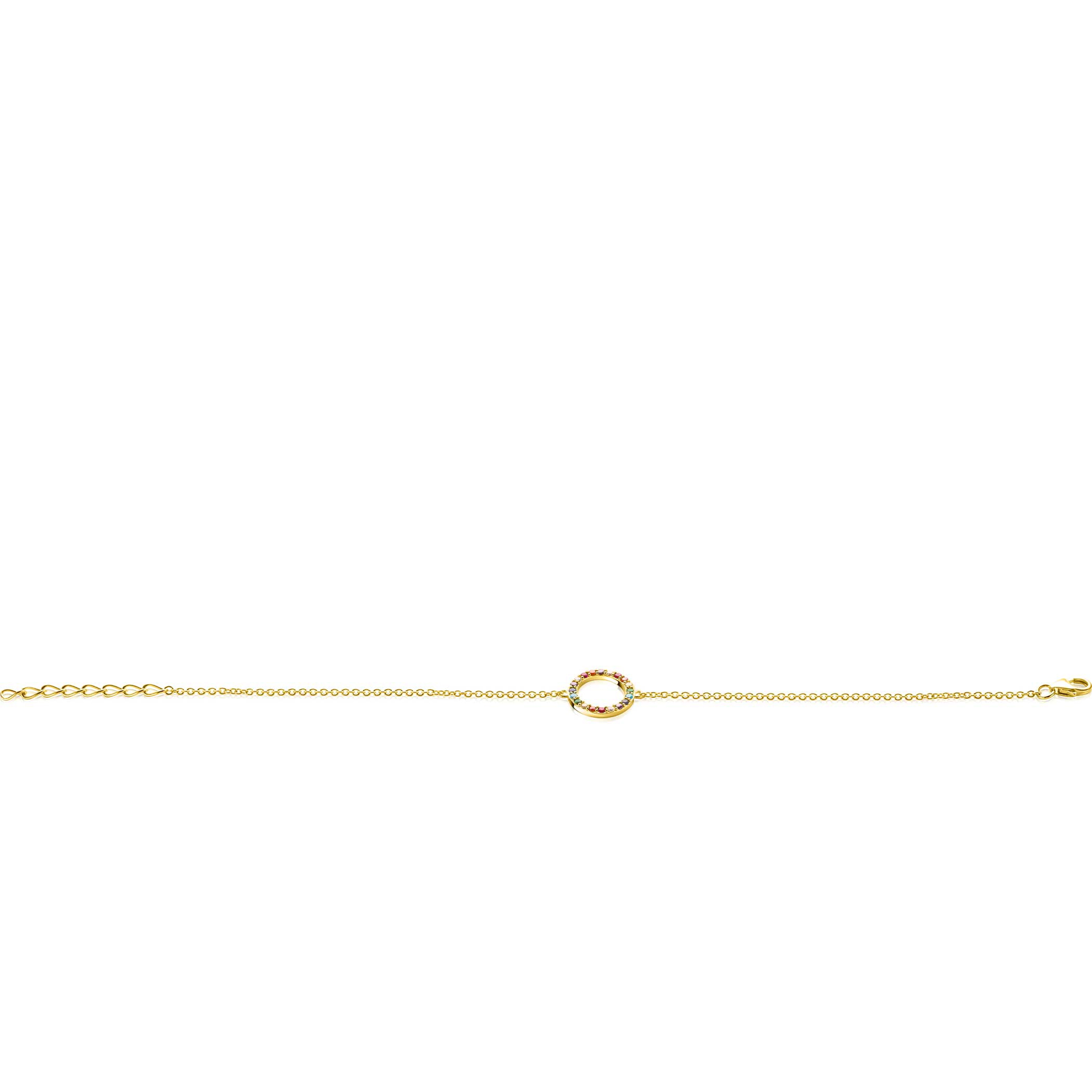 ZINZI gold plated zilveren armband met open rondje 12mm bezet regenboog 17-20cm ZIA2170
