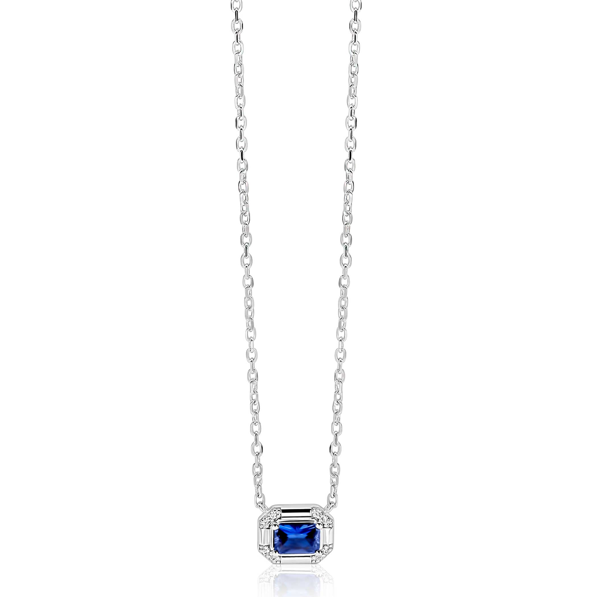 ZINZI zilveren ketting 45cm met achthoekige hanger saffierblauwe kleursteen ZIC2803B