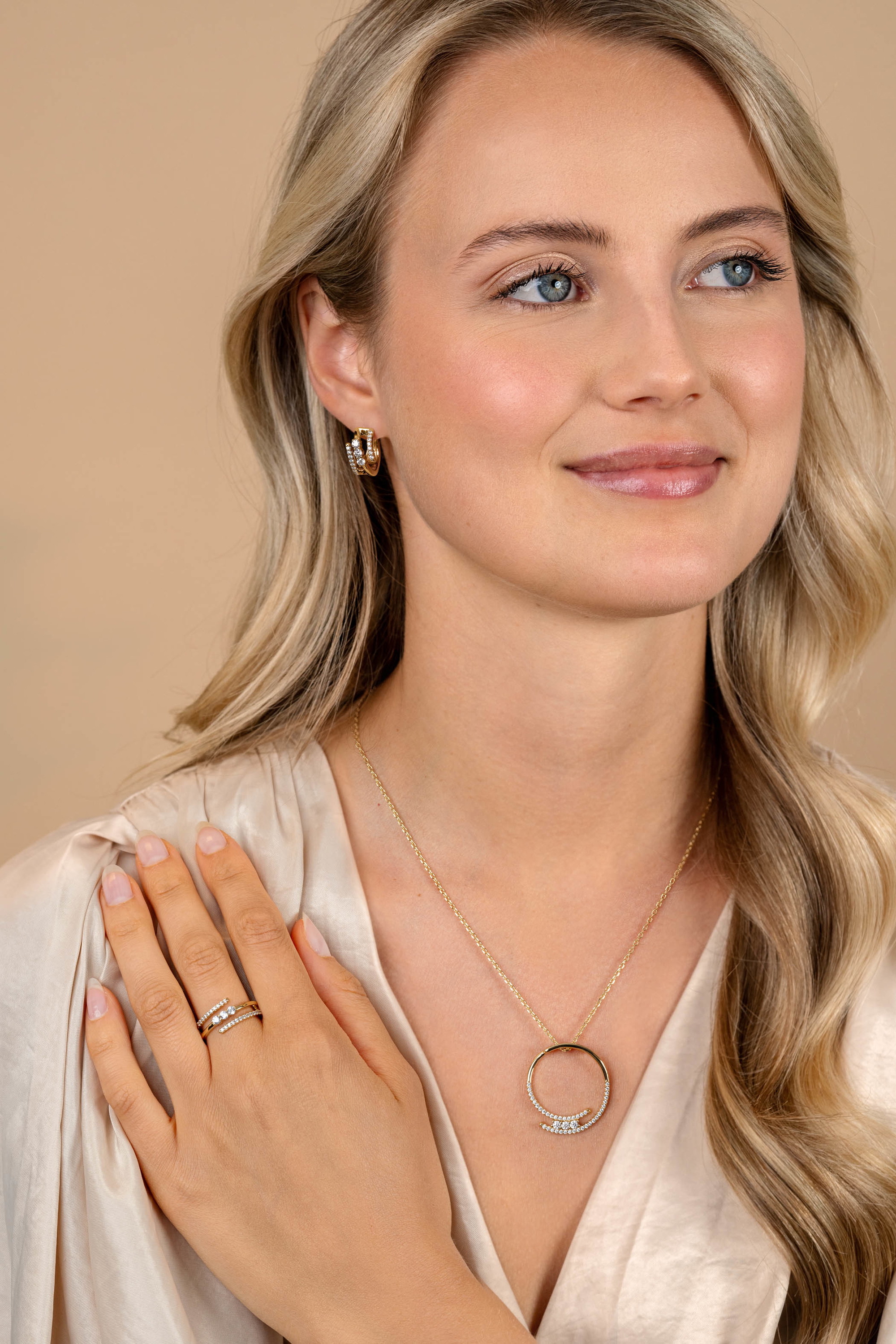 16mm ZINZI gold plated silver multi-look hoop earrings with 3 rows, set with white zirconias 9mm wide with luxury hinge closure ZIO2645Y