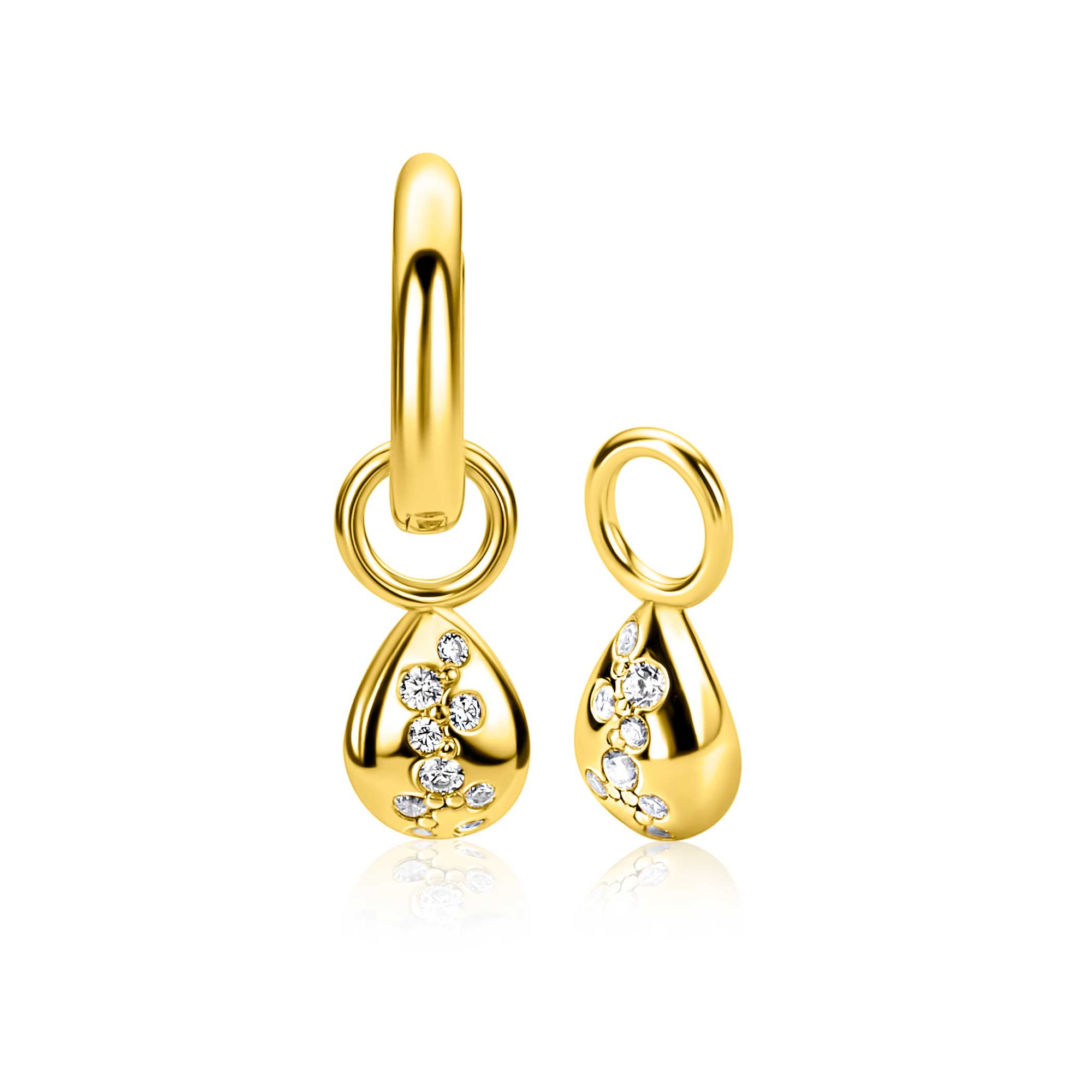 6mm ZINZI gold plated zilveren oorbedels in druppelvorm speels bezet met witte zirkonia's ZICH2871 (zonder oorringen)