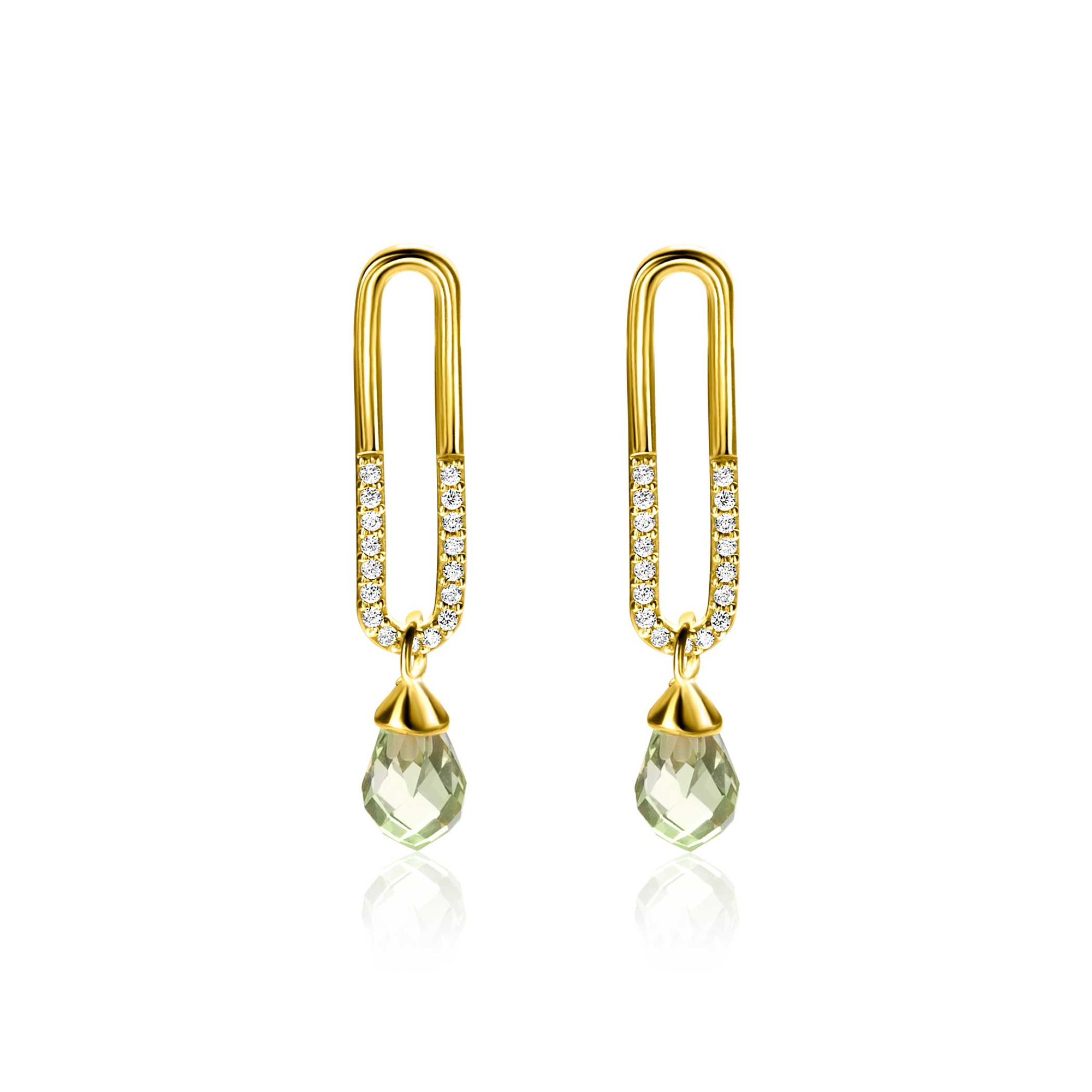 30mm ZINZI gold plated zilveren oorstekers met trendy open ovale vorm en peervormige hanger groen peridot ZIO2430