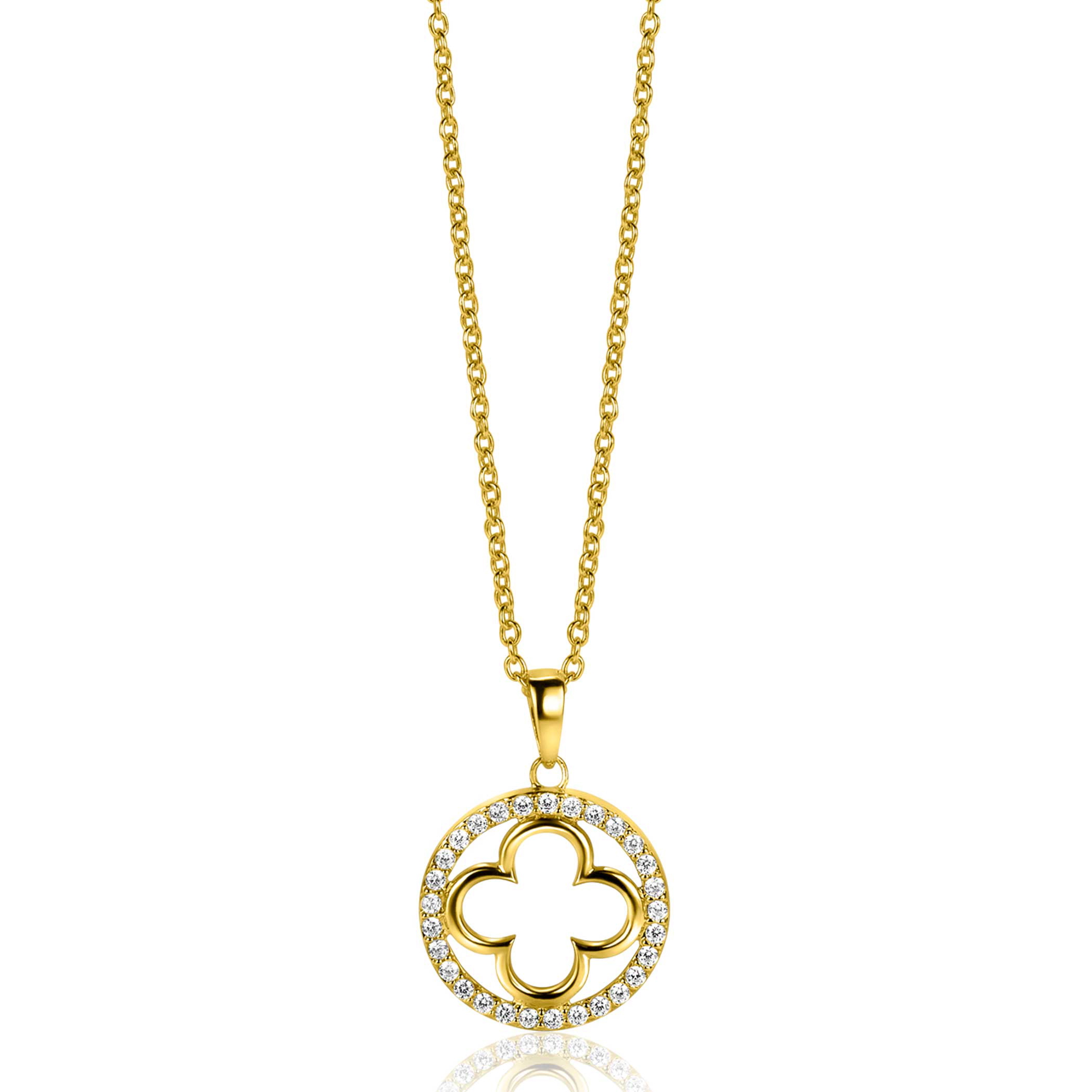 ZINZI gold plated zilveren anker ketting met luxe klaver hanger (15mm) rondom bezet met witte zirconia's 45-48cm ZIC2617Y