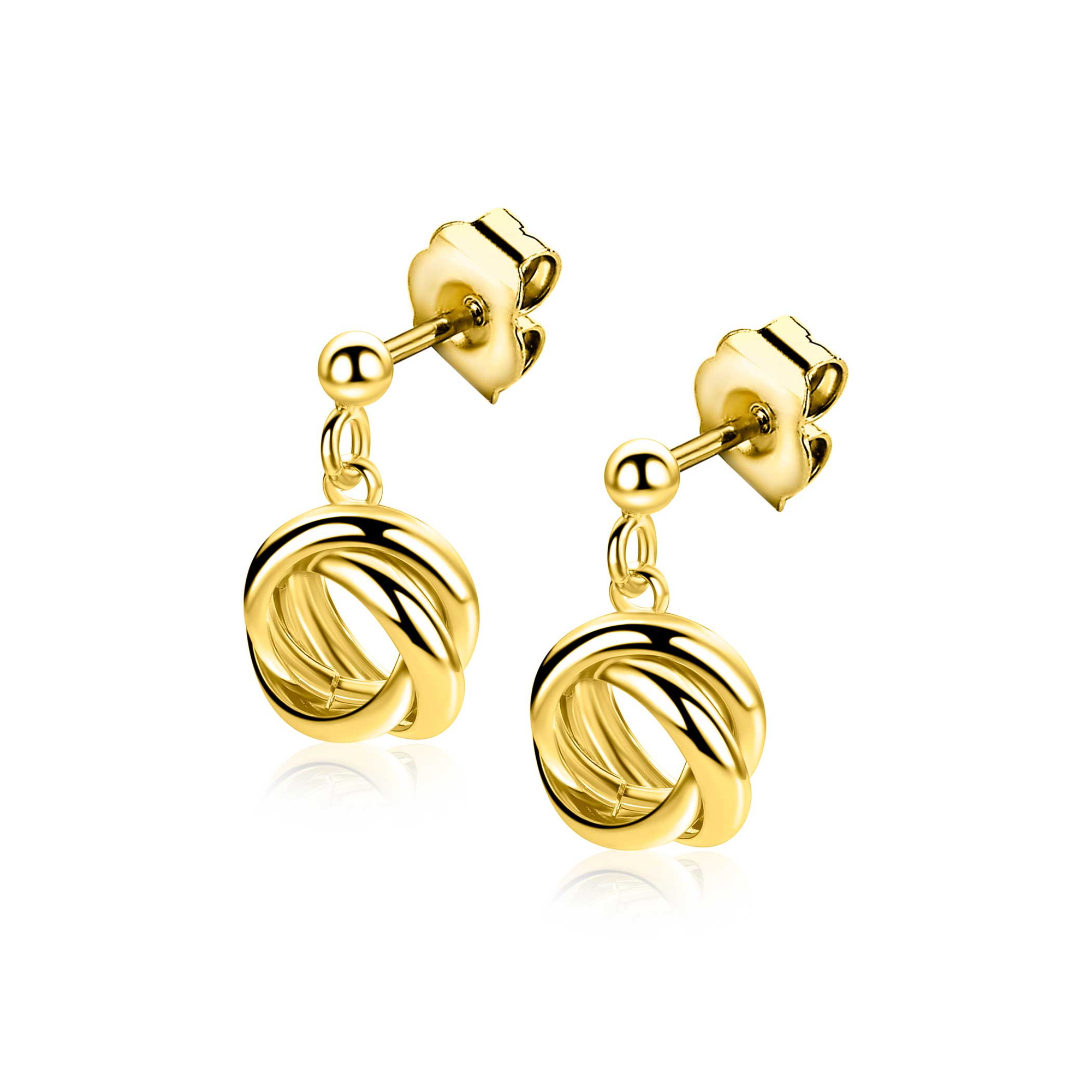 17mm ZINZI gold plated zilveren oorstekers met drie verbonden ringen (knoop-stijl) ZIO2890G