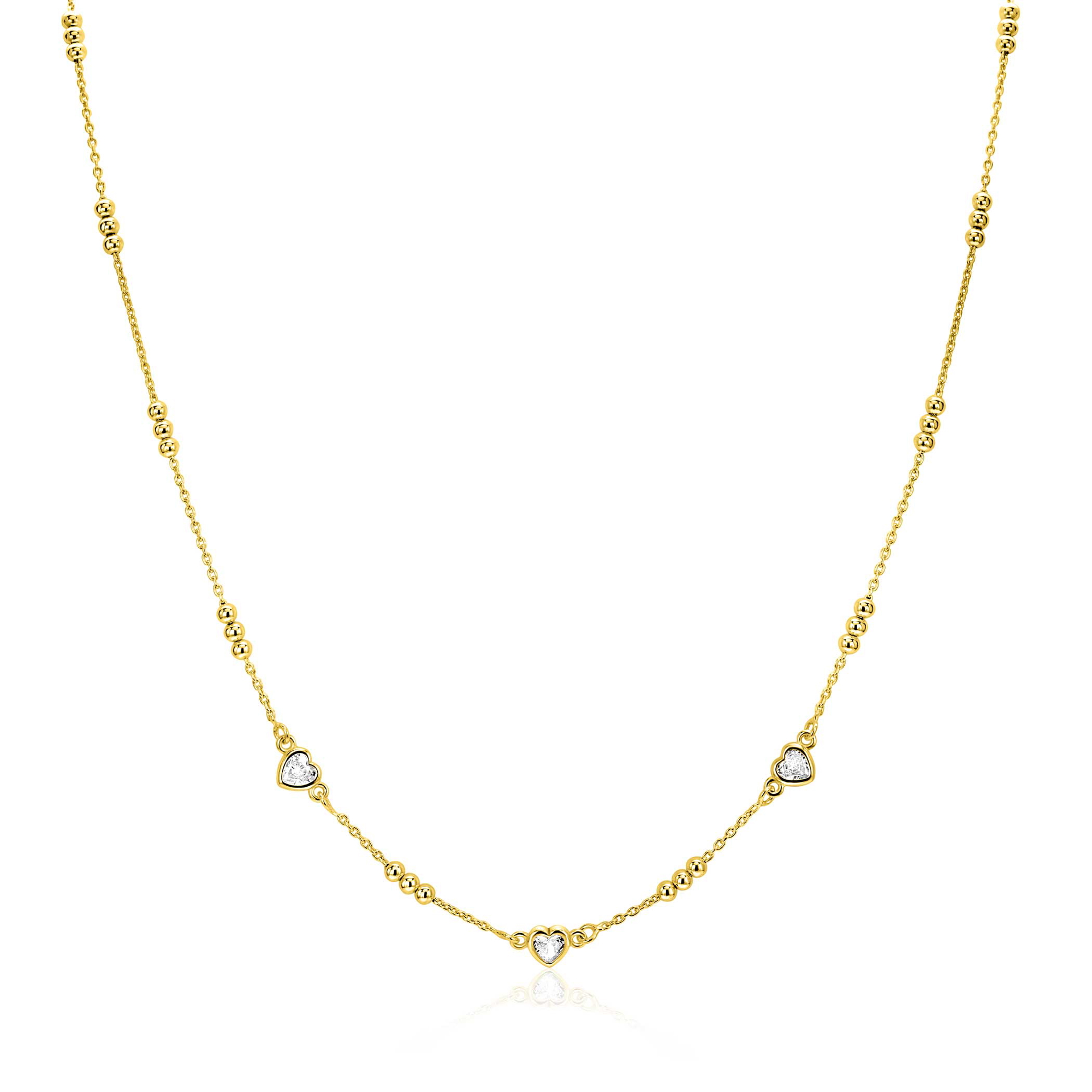 ZINZI gold plated silver link necklace with trio beads and three heart-shaped white cubic zirconias 40-45cm ZIC2679