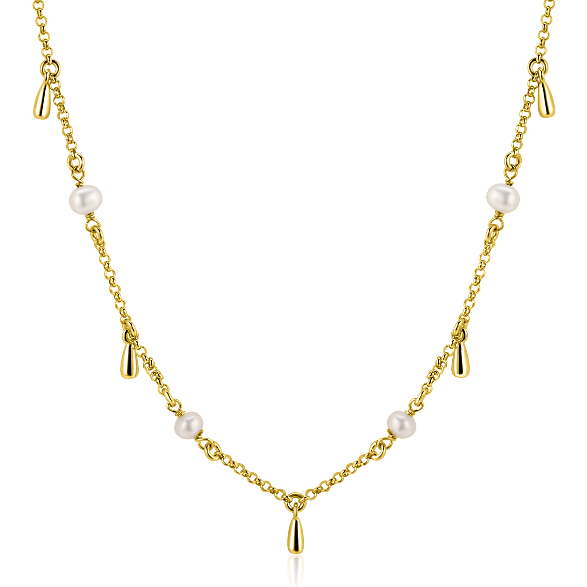 ZINZI gold plated zilveren ketting met witte zoetwaterparels en druppeltjes 42-45cm ZIC2753